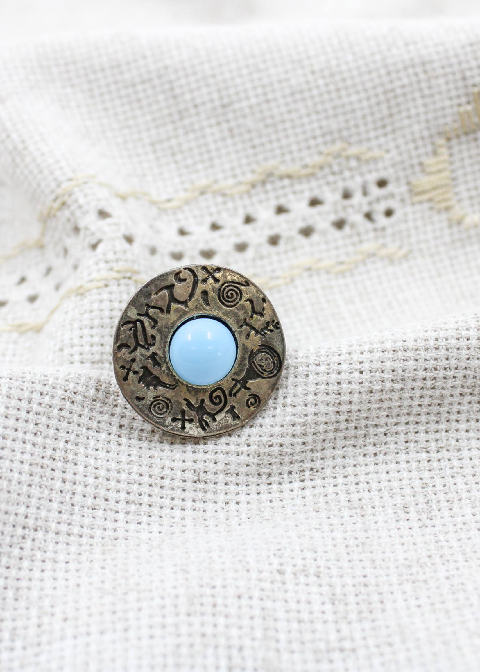 None ACCESSORIES - Ring with Metal Disk and Baby Blue Gemstones