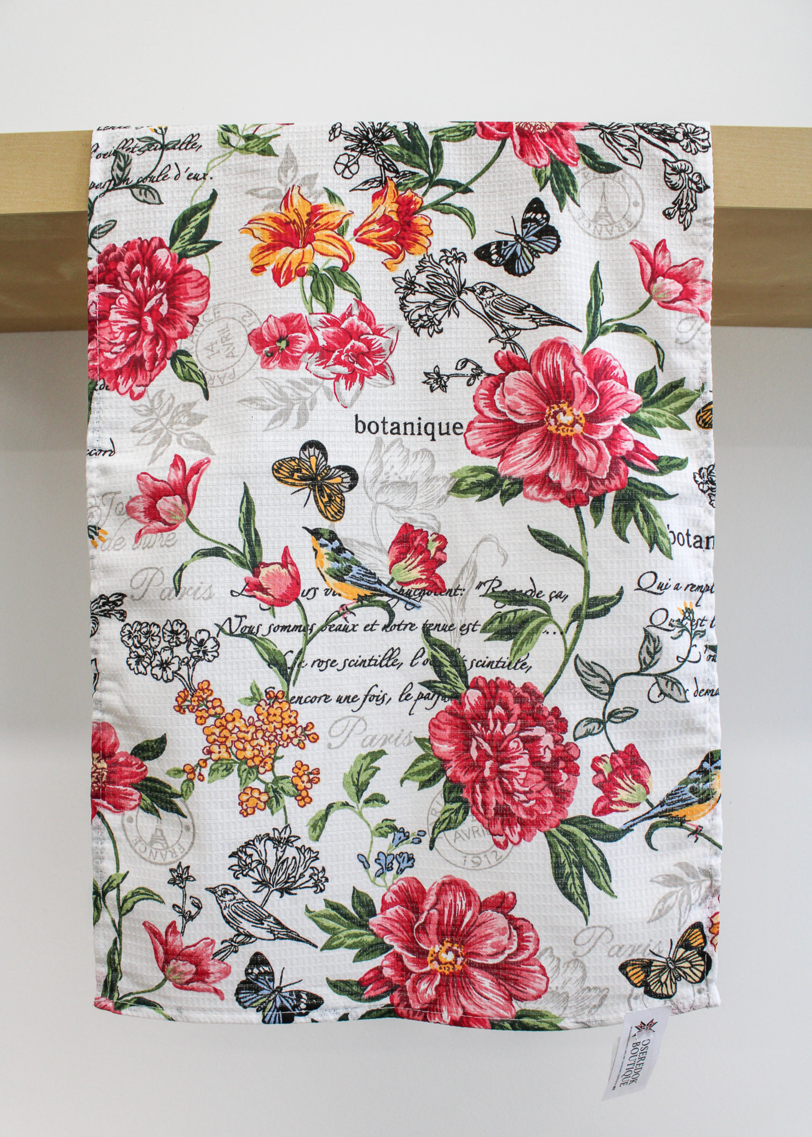 White Tea Towel with Fuchsia Flowers, Birds & Butterflies