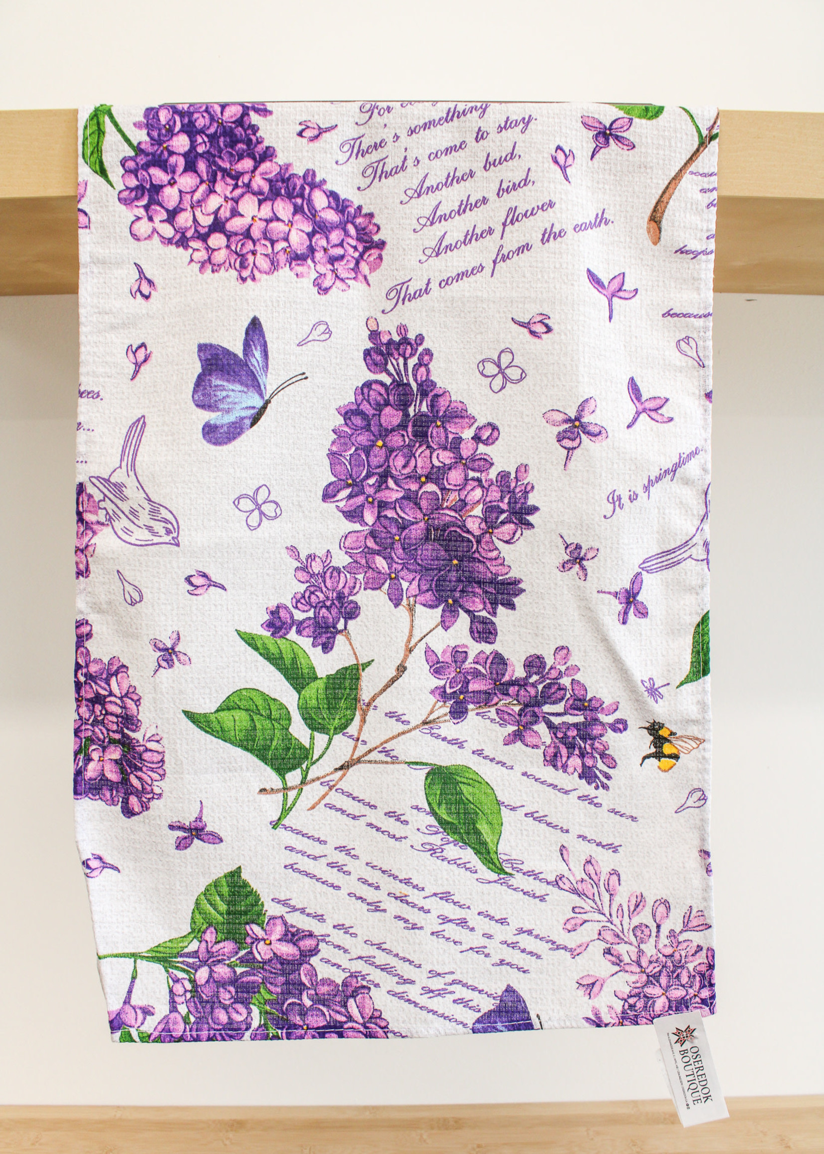 Light Grey Tea Towel with Purple Lilacs & Butterflies