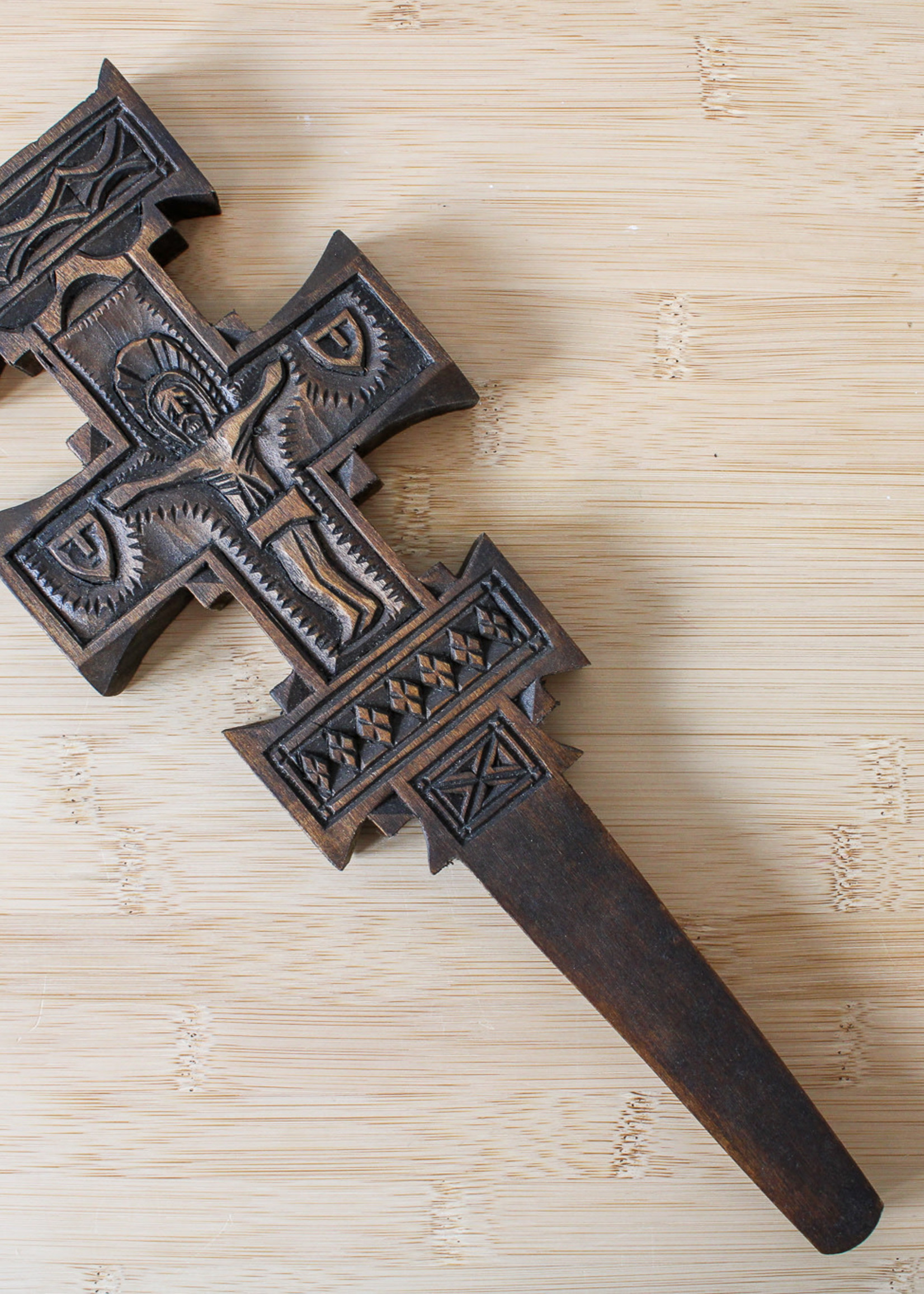 None HOME - Carved Wood Cross With Sharp Edges