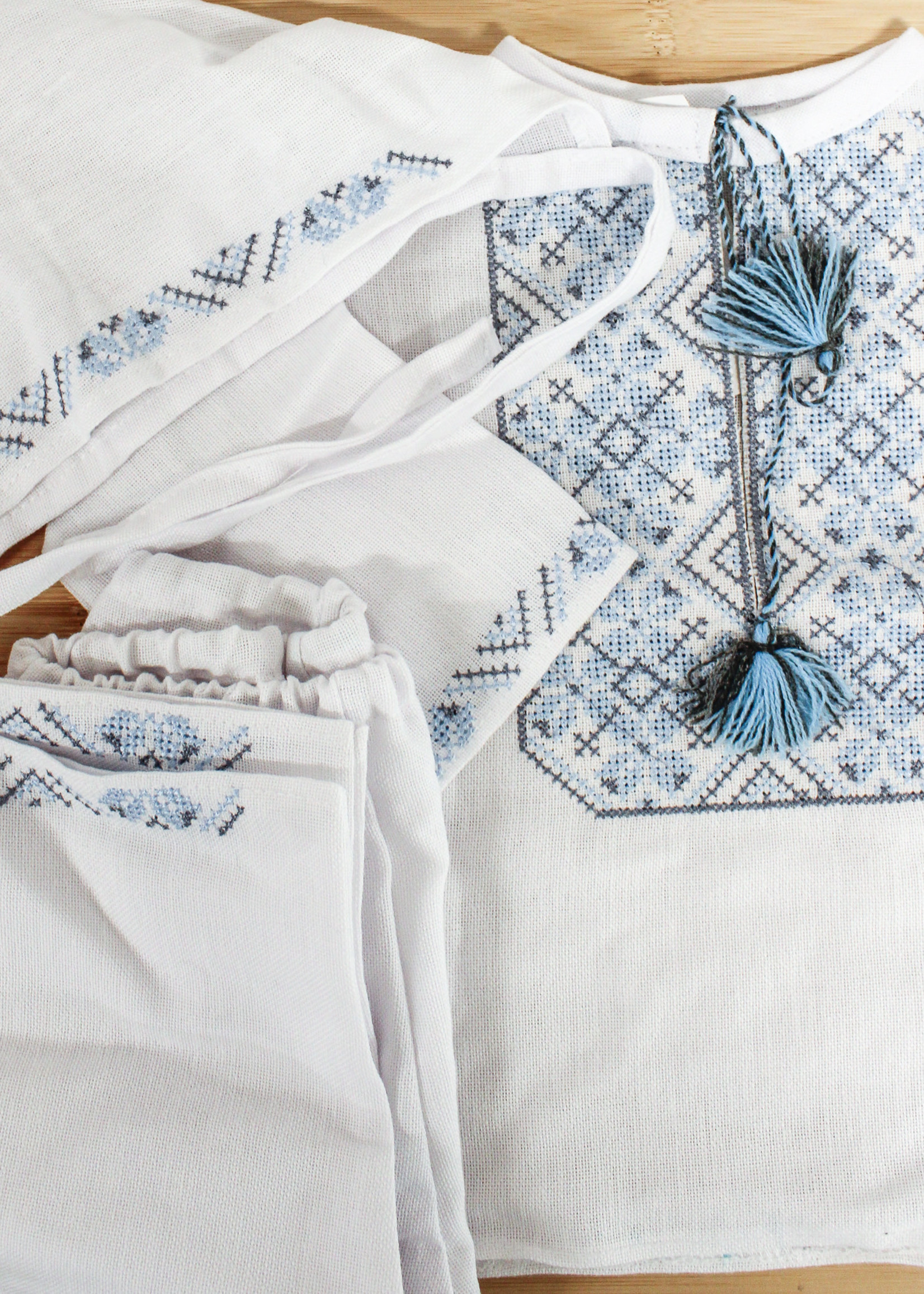 BABY SUIT - Light blue embroidered shirt, hat, & pants (boy)