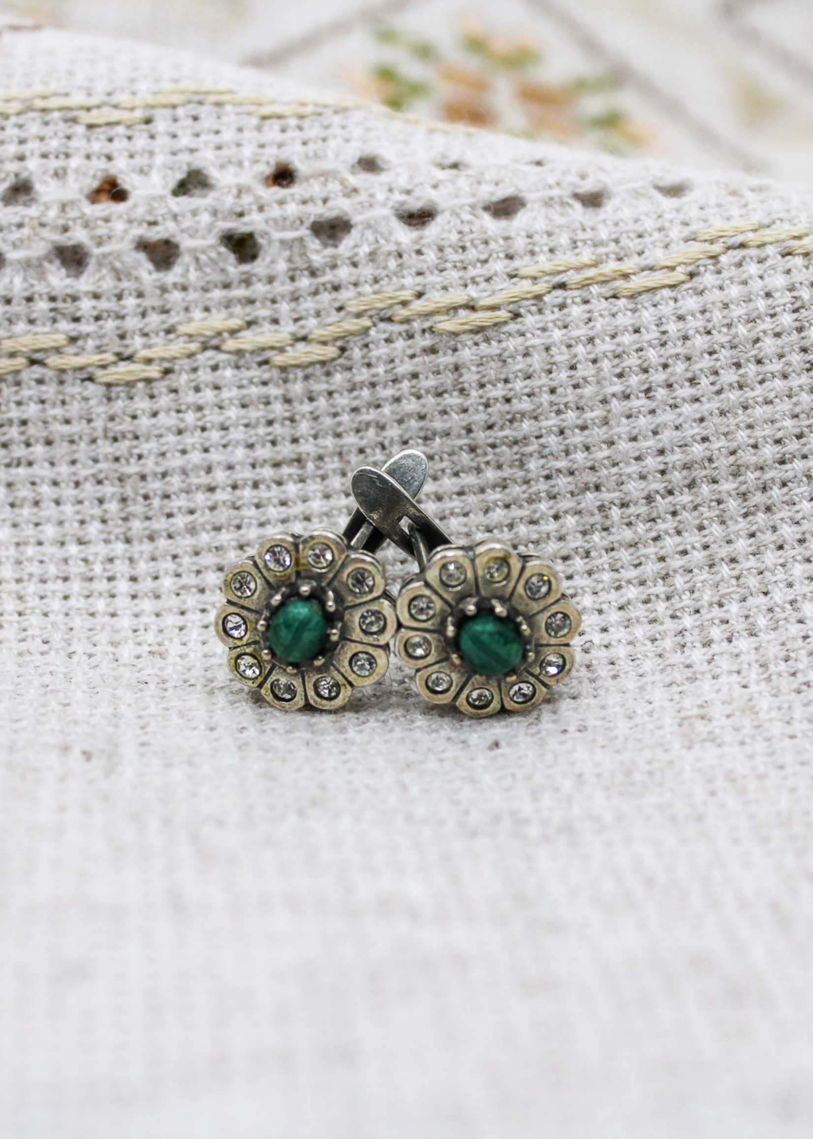 JEWELRY -  Earrings, Flower Style with Green Stone