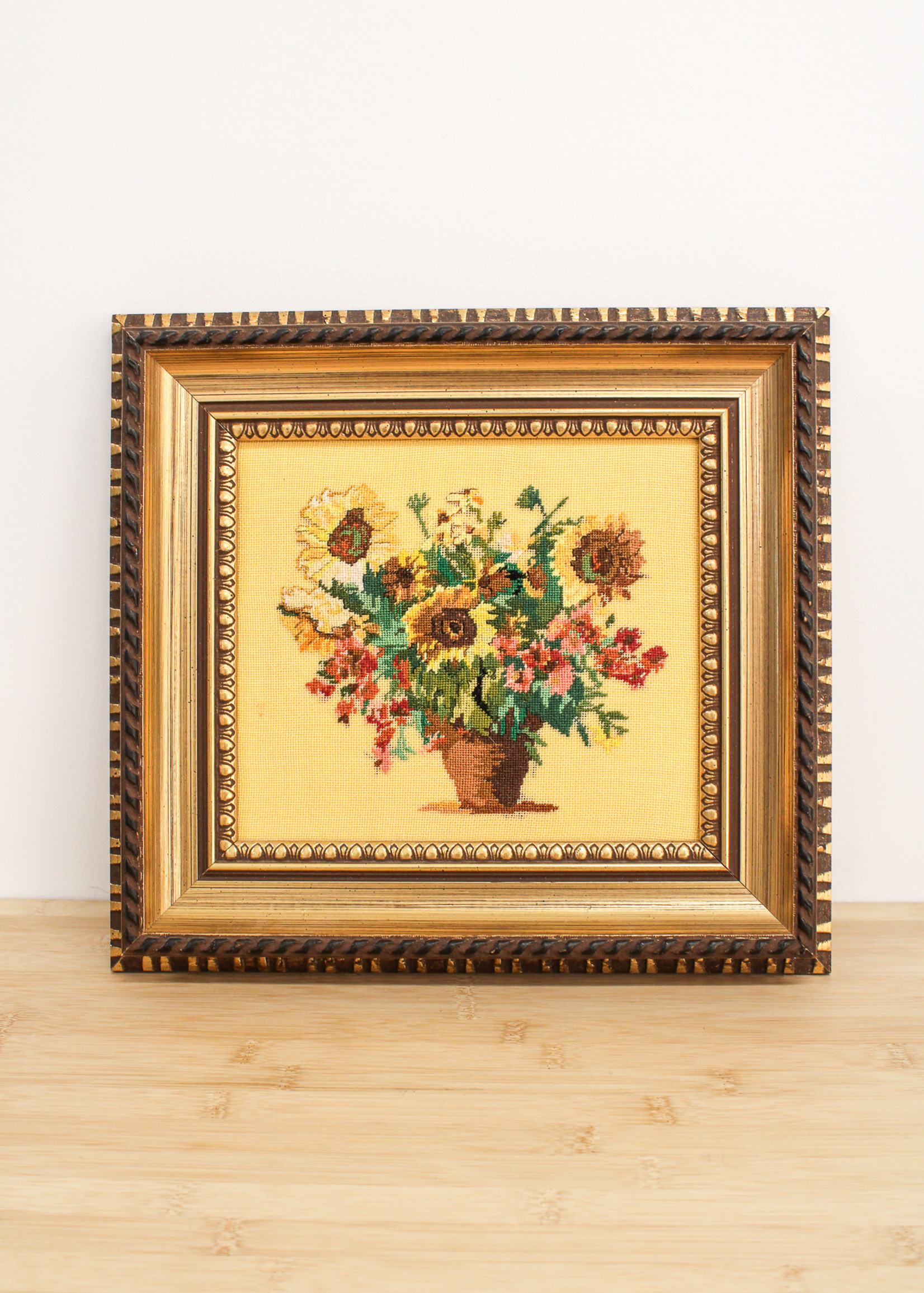 ART -  Vintage Embroidery, Cross Stitching Bouquet of Flowers with Sunflowers, framed
