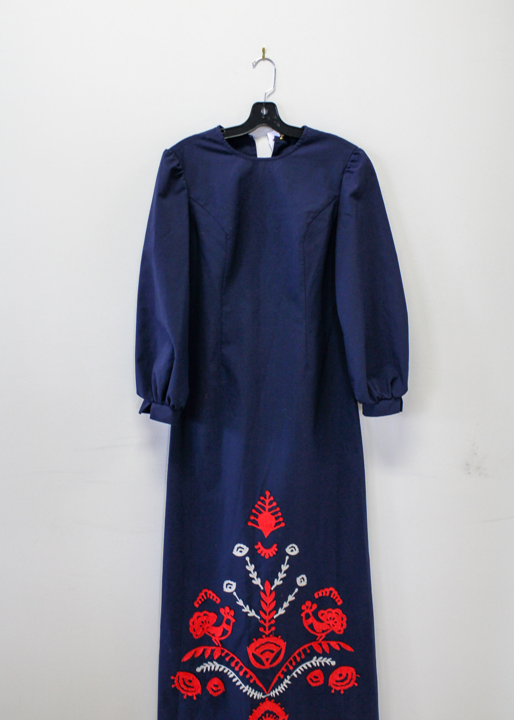 DRESS - Long Navy Blue with red and grey floral pattern (S)