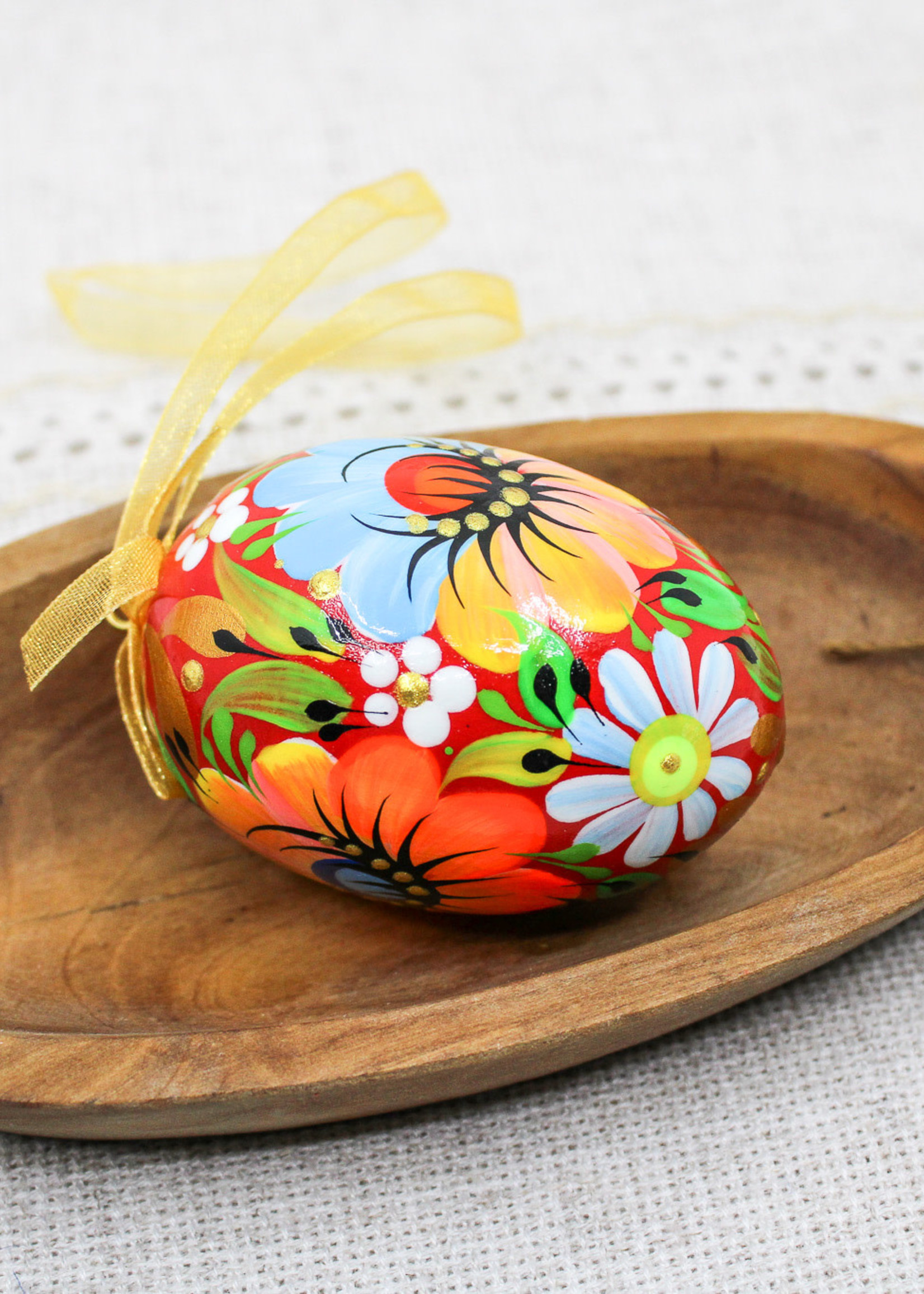 PYSANKY - Easter Wooden Egg with Ribbon in Petrykivka Style