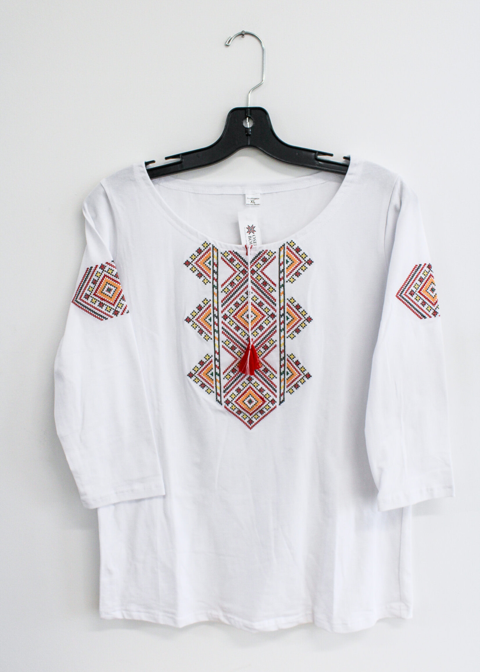 APPAREL -TSHIRT - (W) White 3/4 length sleeves with Black/red/Yellow embroidery