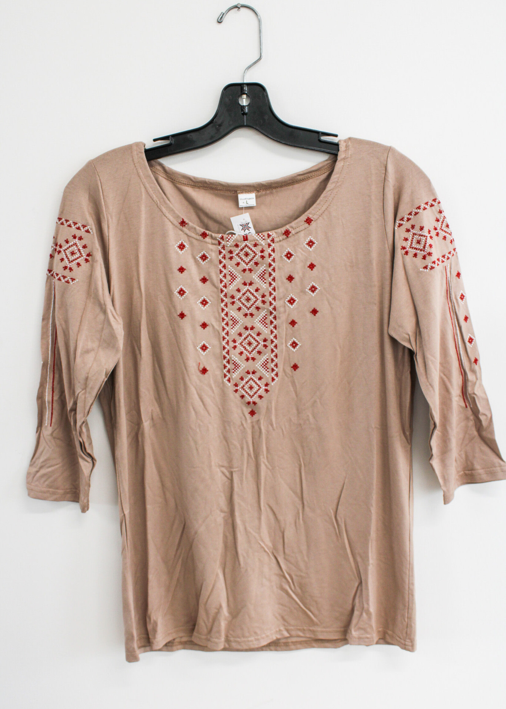 APPAREL - Beige T-Shirt, (W), size L, 3/4 length sleeve with white tassels