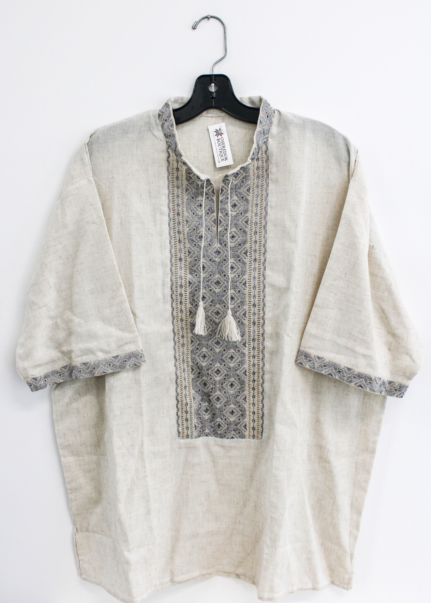 VYSHYVANKA(M)  - Chest 50 in. Length 31 in.  Cream linen, short sleeve/ blue embroidery
