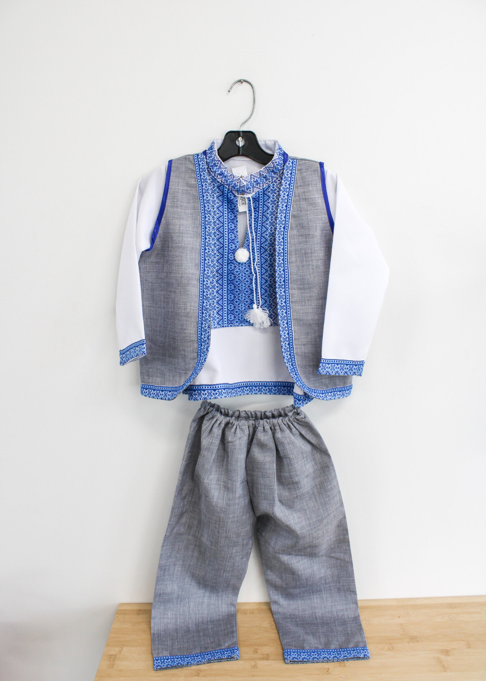 KIDS SET Boys - White embroidered  vyshyvanka, blue /grey vest and pants
