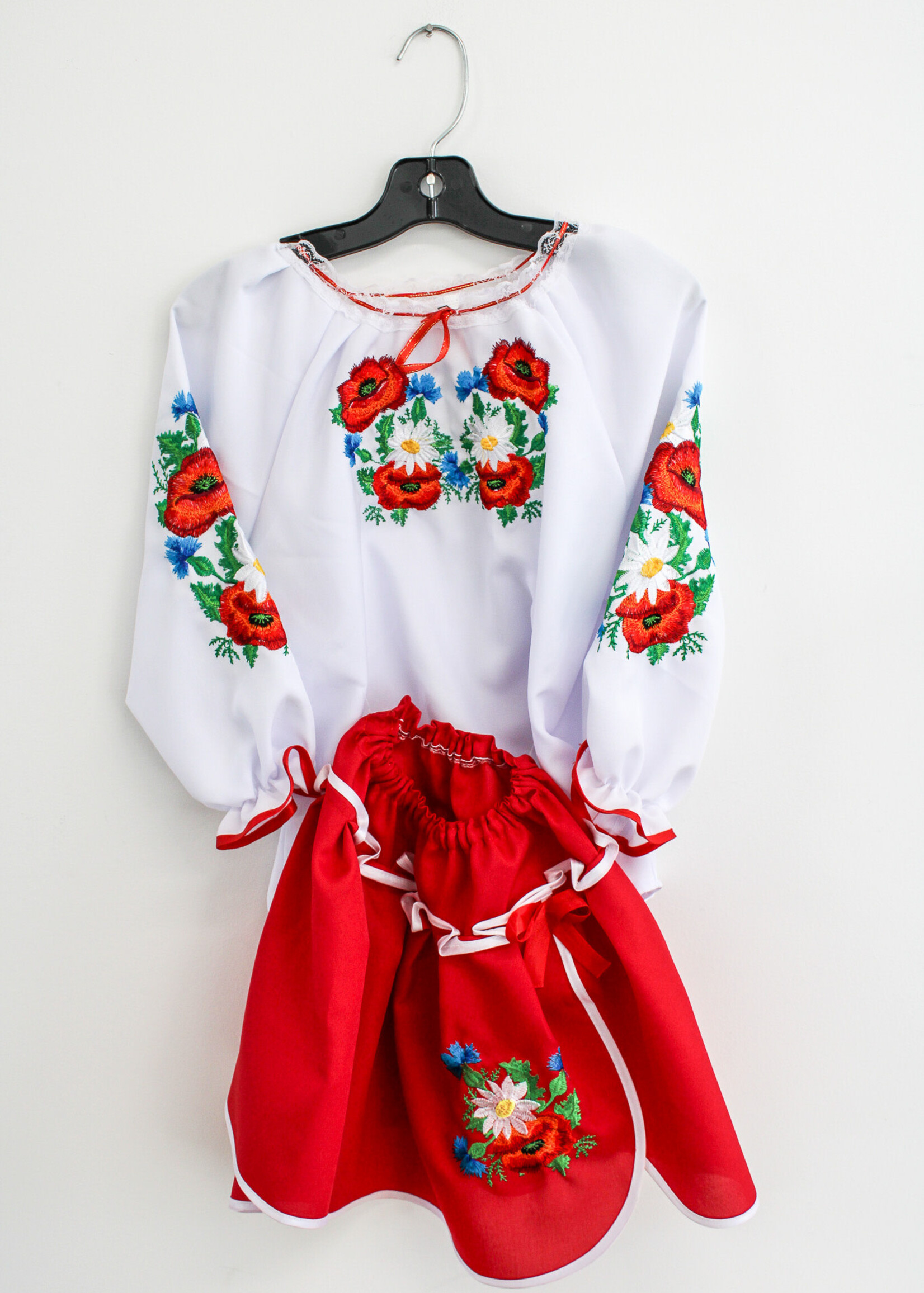 KIDS SET - White embroidered floral vyshyvanka  and red skirt