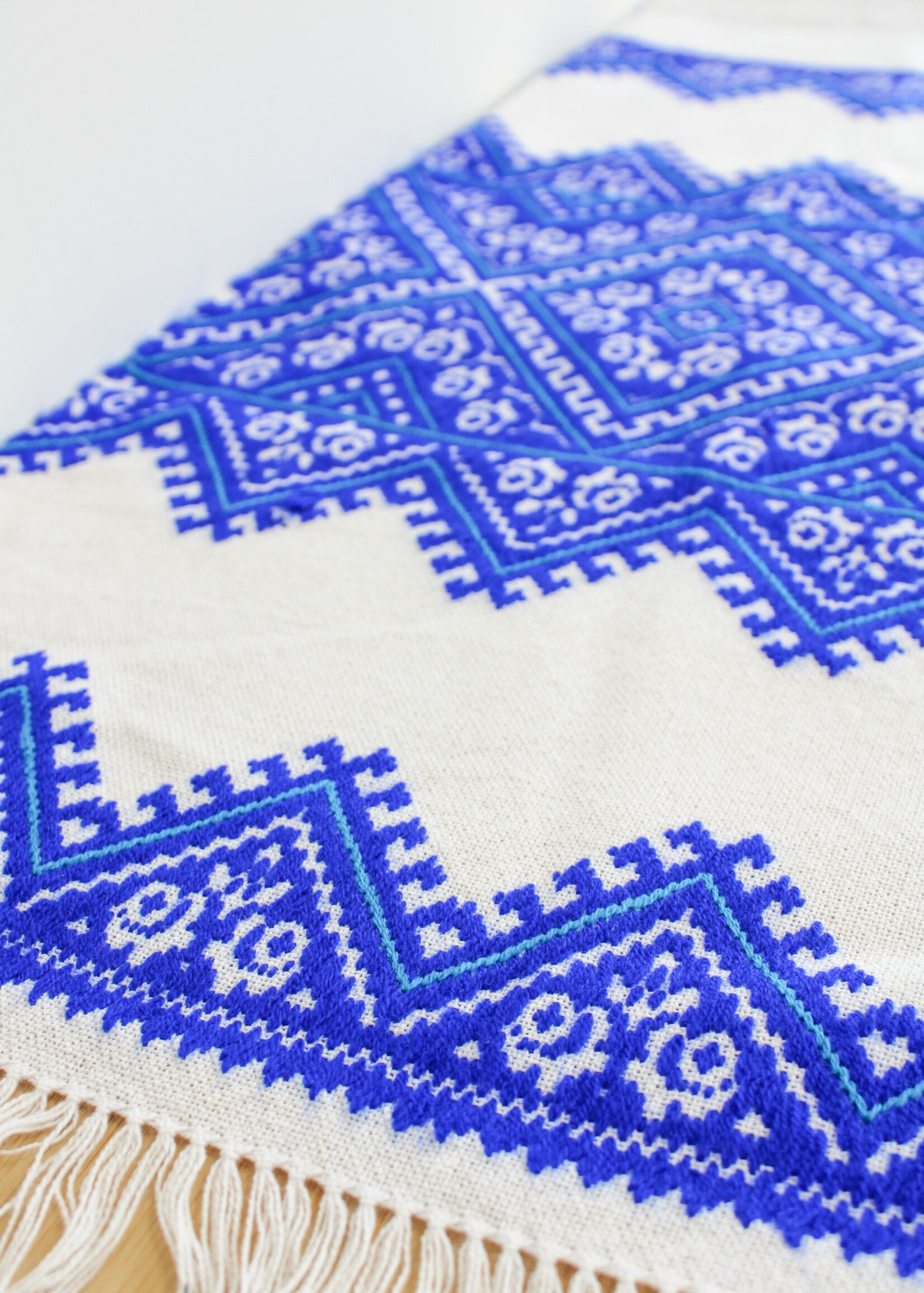 RUSHNYK - White 72x12 1/2 in. Handmade Blue  Embroidery