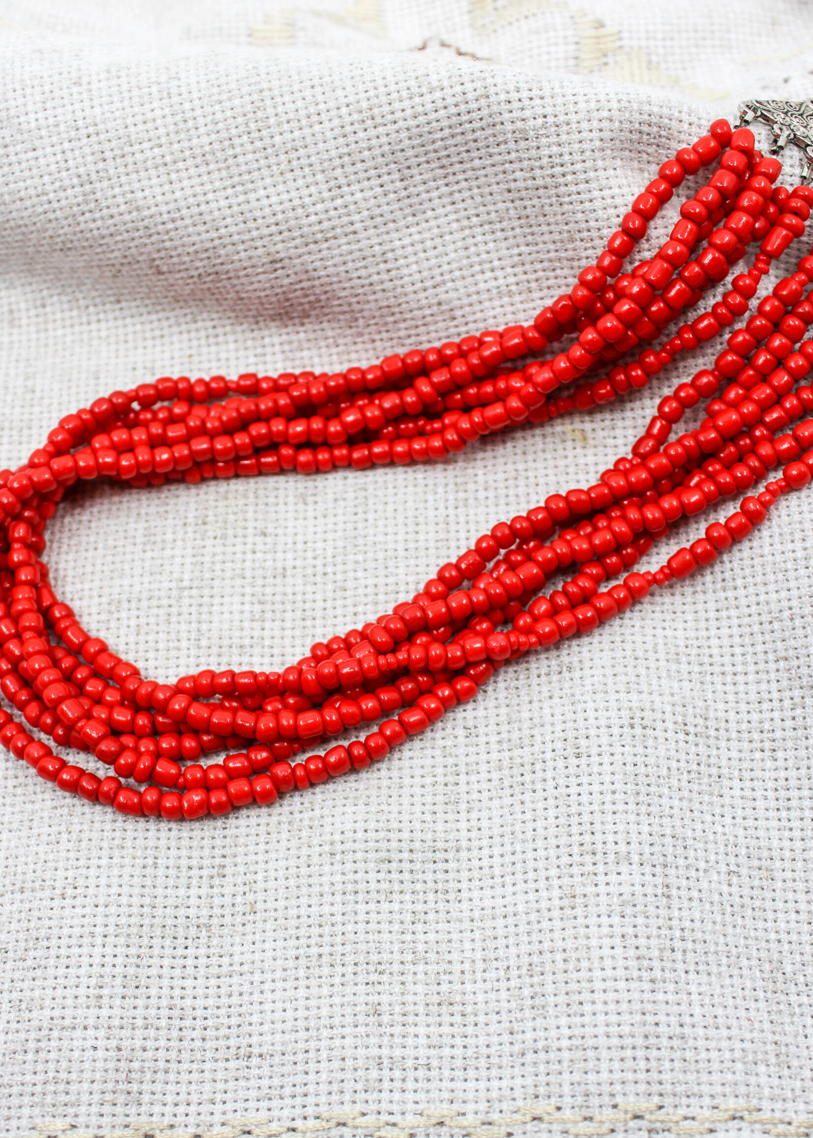 ACCESSORIES -   Red Ukrainian Beaded Necklace /Multiple strand/ Silver Lock