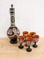 HOME - Decanter Wooden, hand painted & 6  cups. Set