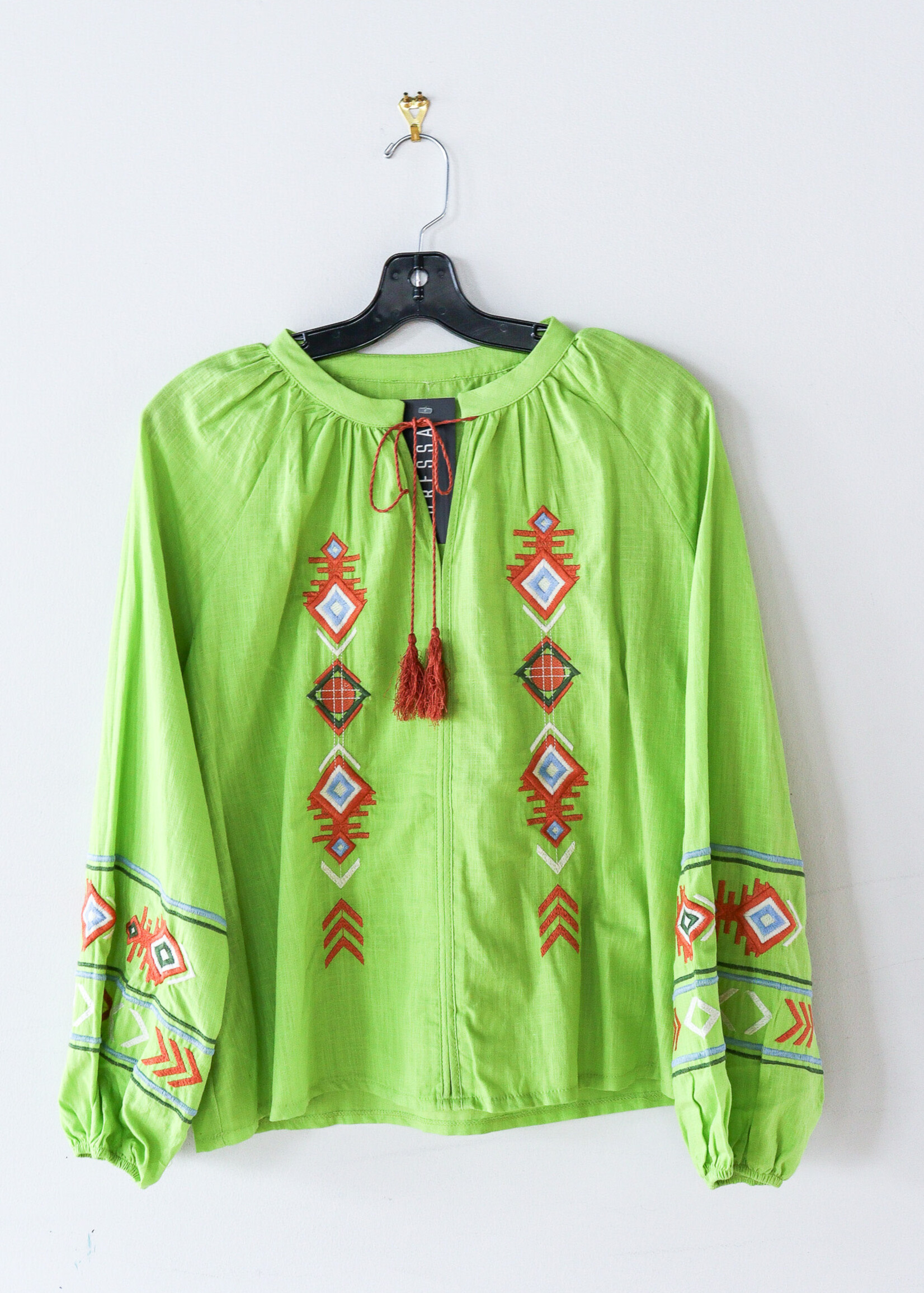 APPAREL - (W) Blouse, ( 40" - Small) Lime Green, Green Orange, Blue White Embroidery by Dressa, Ukraine