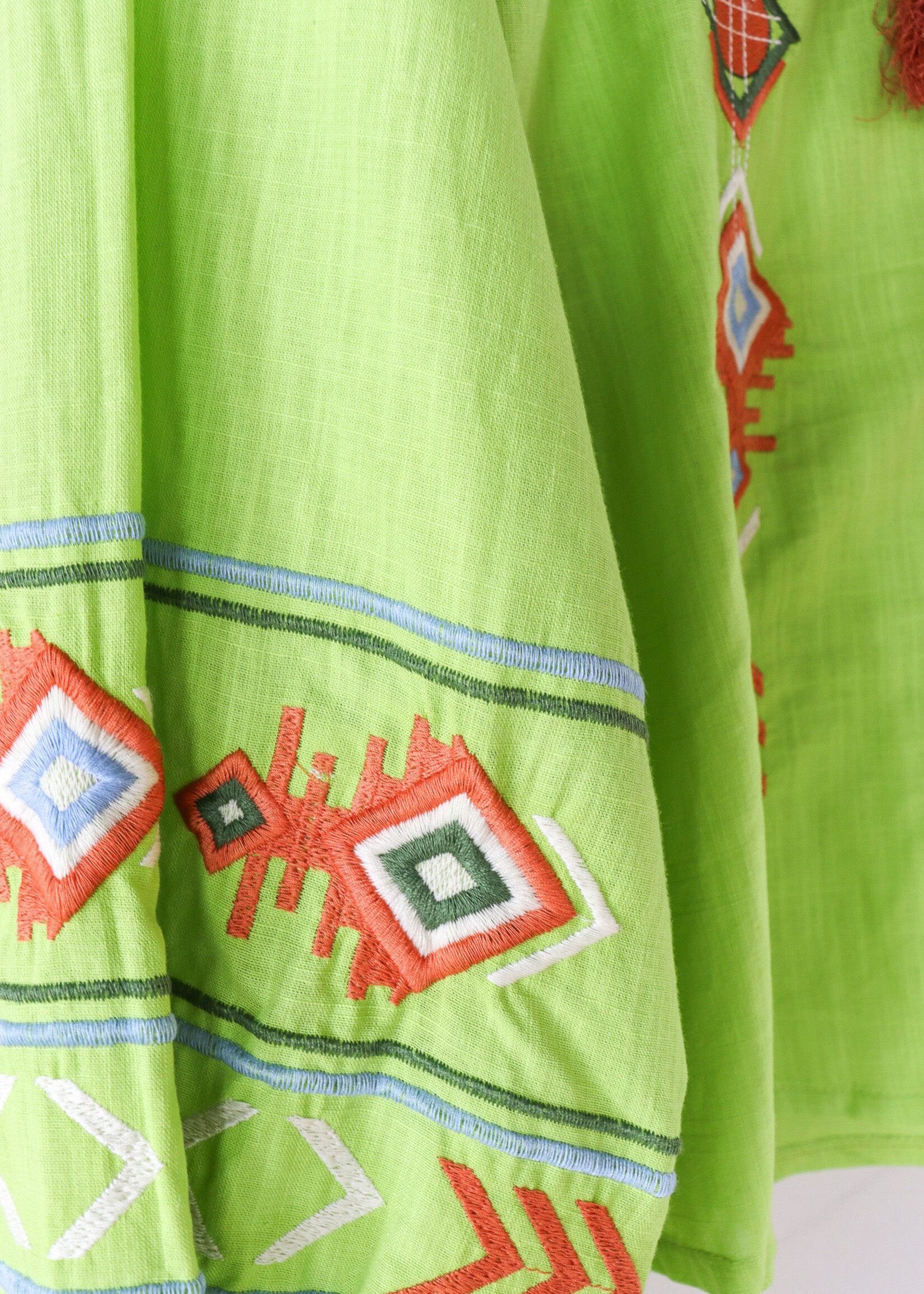 APPAREL - (W) Blouse, ( 40" - Small) Lime Green, Green Orange, Blue White Embroidery by Dressa, Ukraine