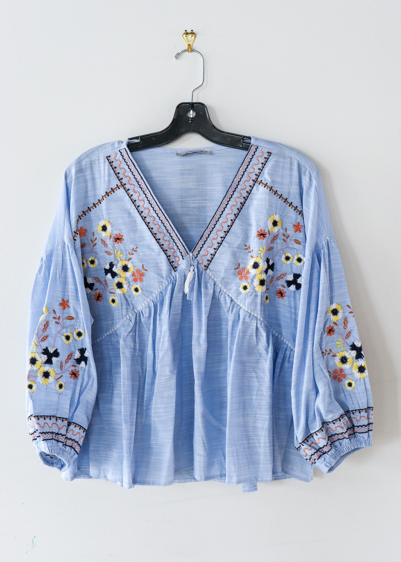 APPAREL - (W) Blouse, (42" - Large) Blue/ black, yellow, orange  Embroidery by Dressa, Ukraine