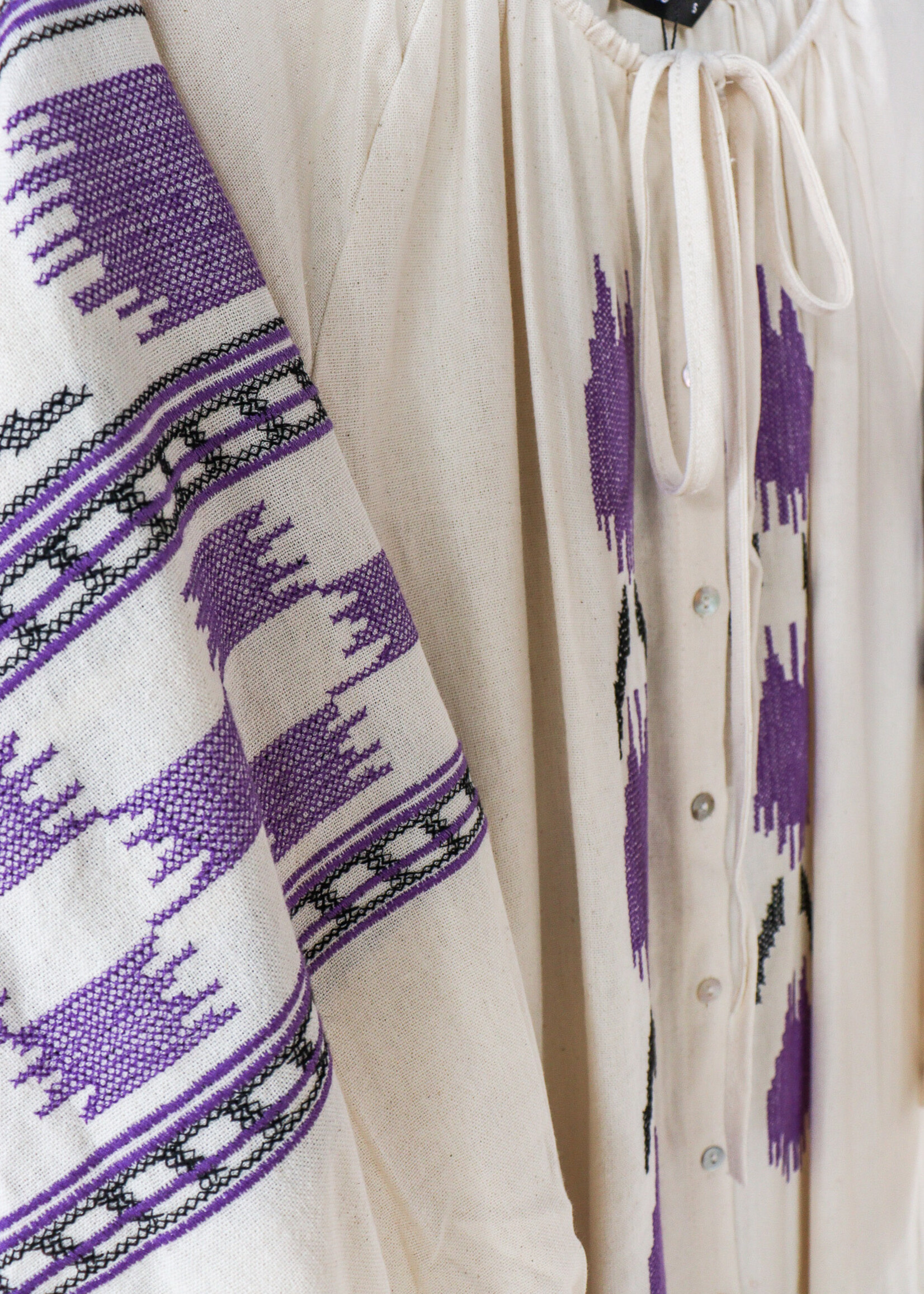APPAREL -(W) Dress Long ( size Small) Cream & Purple Embroidery