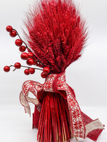 DECOR - Ukrainian Didukh - Red Colored Wheat festively adorned with Ukrainian motif ribbon and red berries