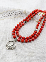 JEWELRY - Necklace "Sun- Rue" Handcraft by Oksana Boriychuk , 2 lines  Red  tinted Quartz , Ukrainian Traditional Ethnic Beaded  Korali with the pendant " Mary and Jesus"