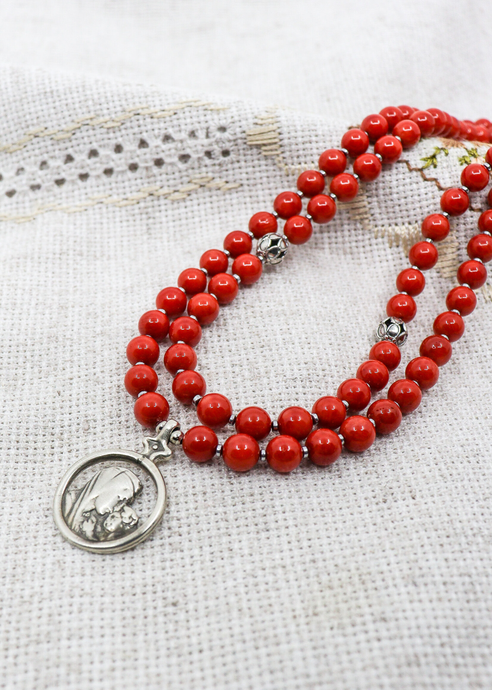 JEWELRY - Necklace "Sun- Rue" Handcraft by Oksana Boriychuk , 2 lines  Red  tinted Quartz , Ukrainian Traditional Ethnic Beaded  Korali with the pendant " Mary and Jesus"