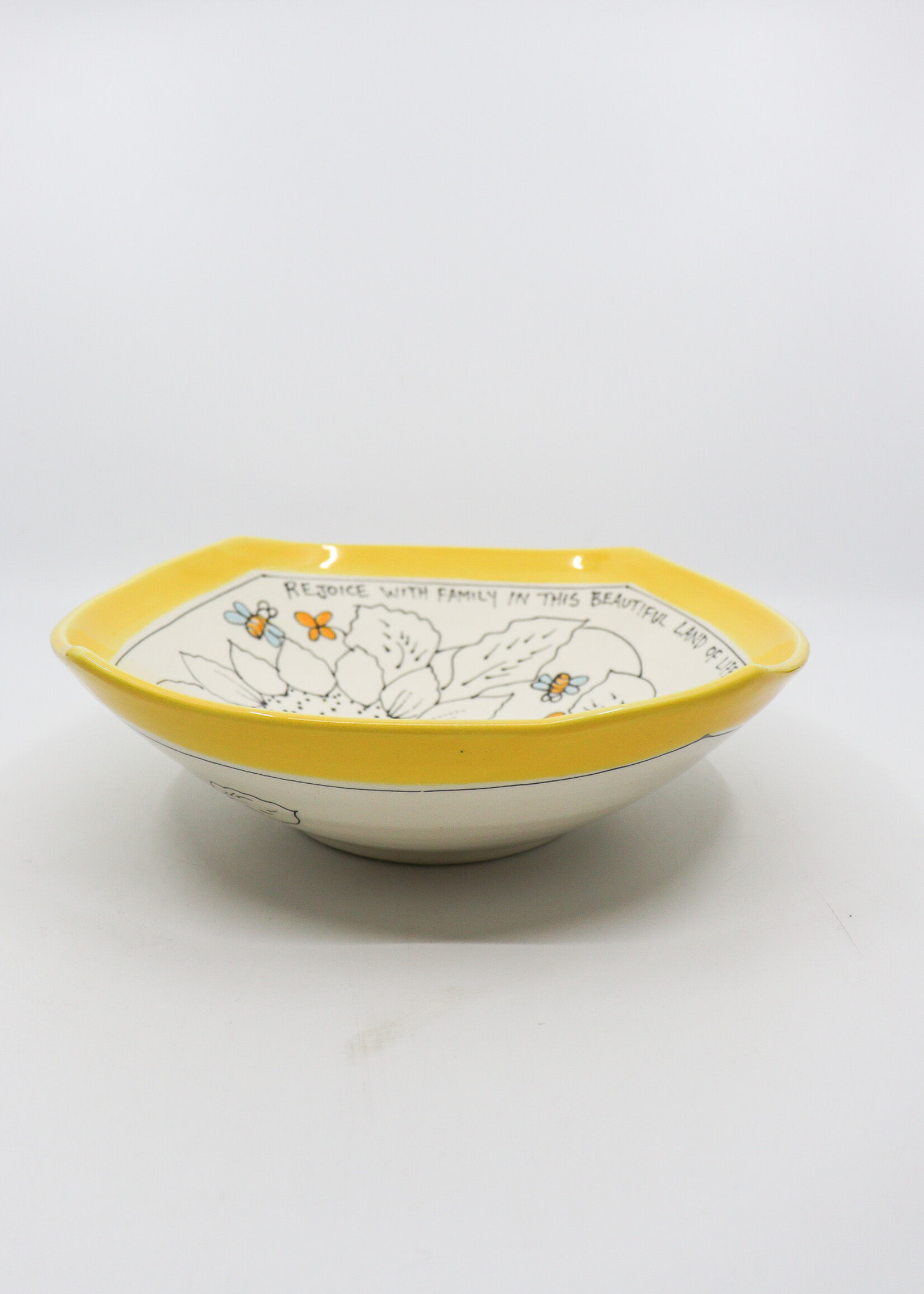 CERAMICS - 8" Bowl, Yellow Sunflowers ,  "Rejoice with the Family in this Beautiful Land of Life"