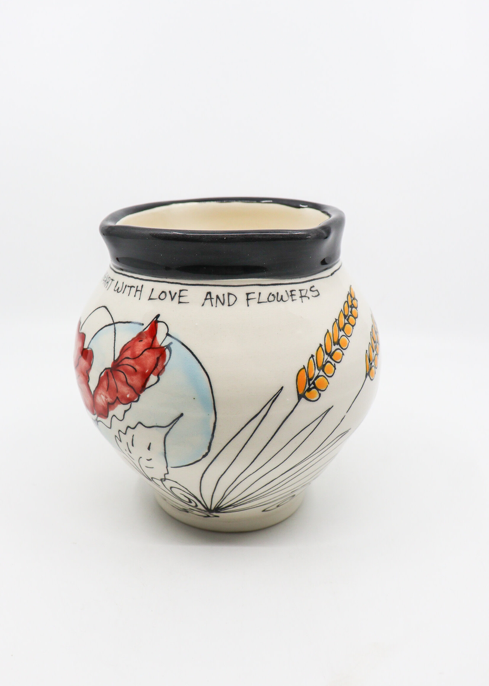 CERAMICS - Small Vase, Poppies and Wheats,  "Fill Your Heart with Love and Flowers"