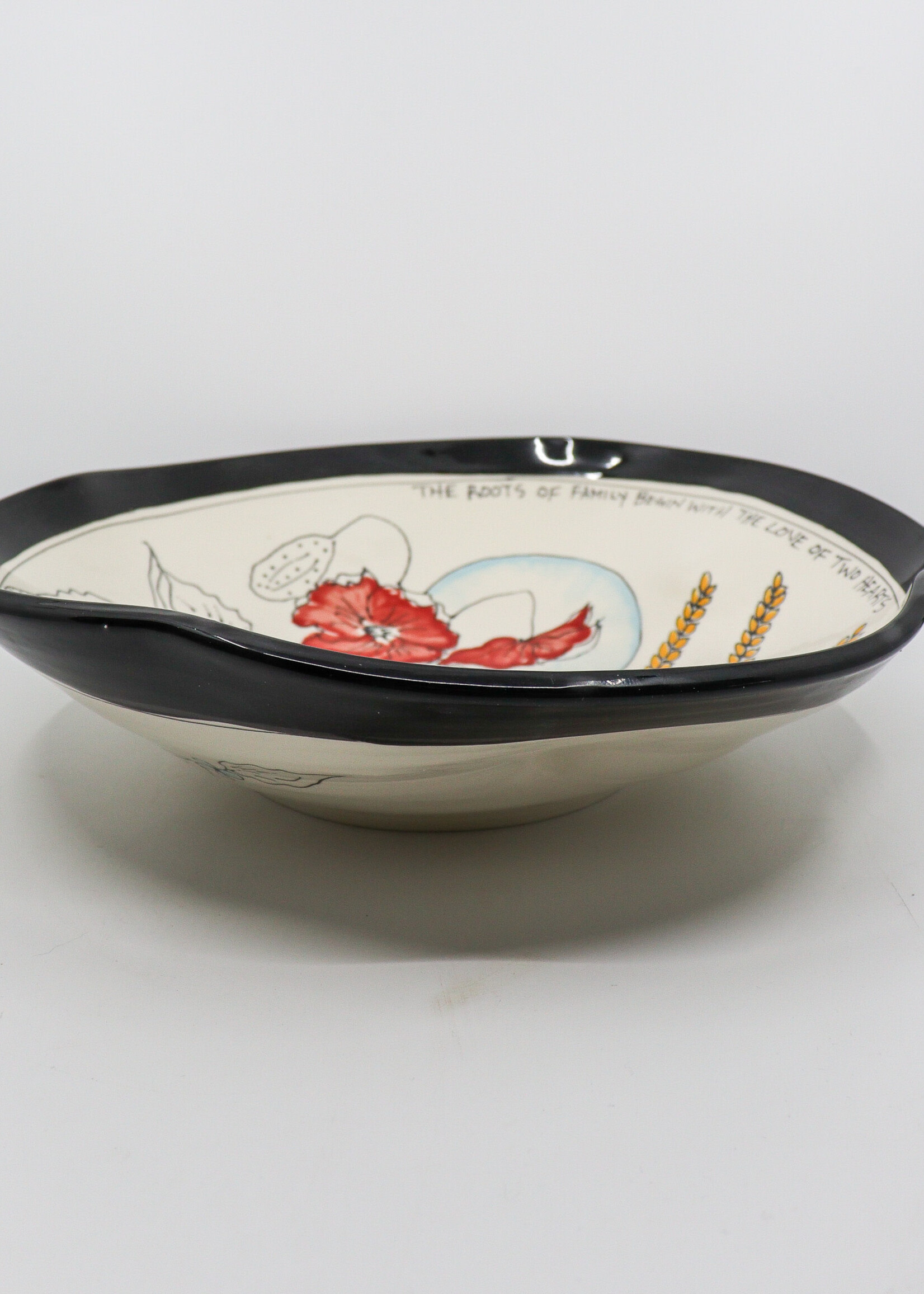 CERAMICS - 12" Bowl, Poppies and Wheat, "The Roots of Family Begin with The Love of Two Hearts"