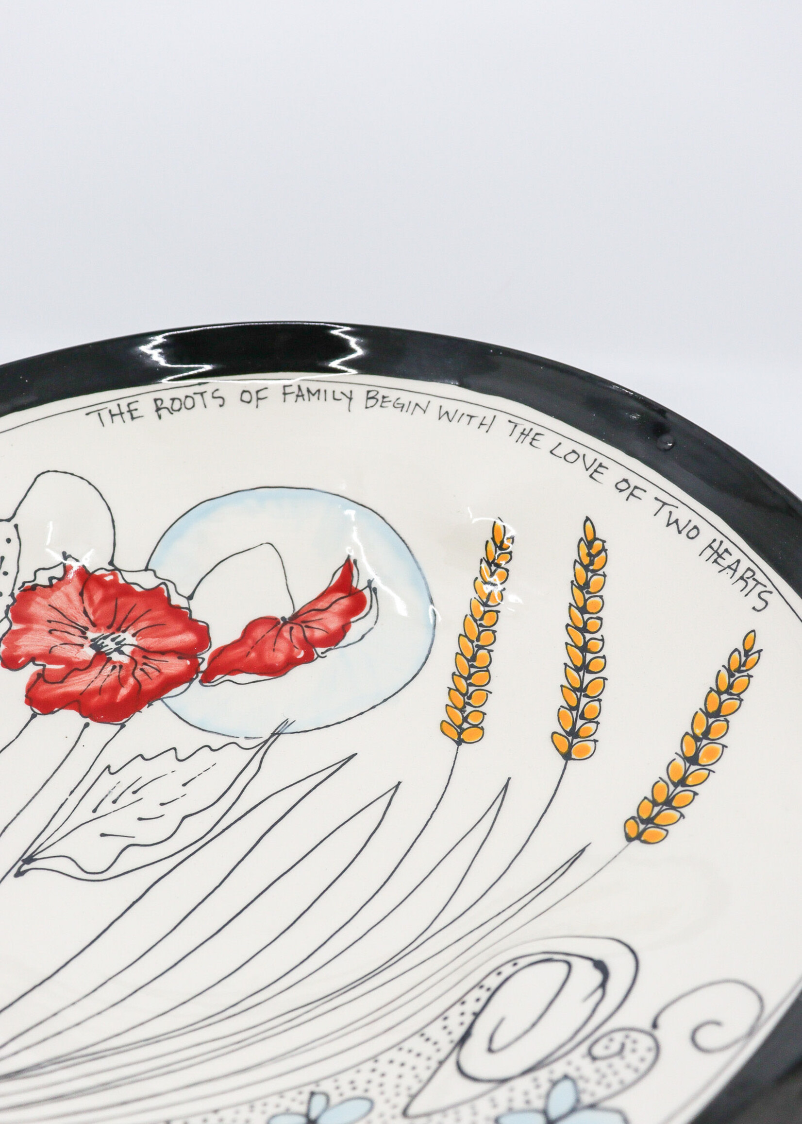 CERAMICS - 12" Bowl, Poppies and Wheat, "The Roots of Family Begin with The Love of Two Hearts"
