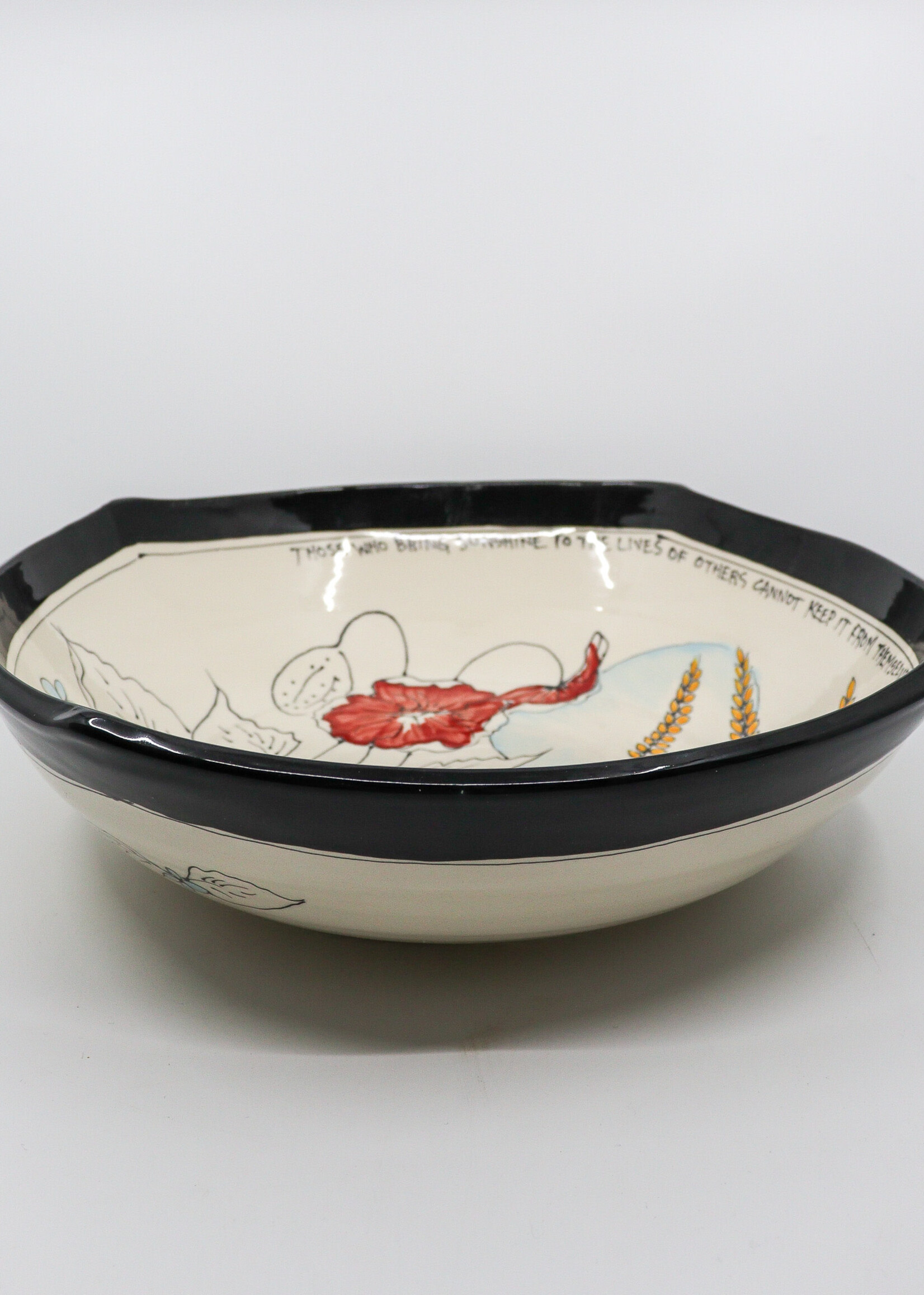 CERAMICS - 12" Bowl, Poppies and Wheat, " Those Who Bring Sunshine into the Lives of others cannot Keep It From Themselves"