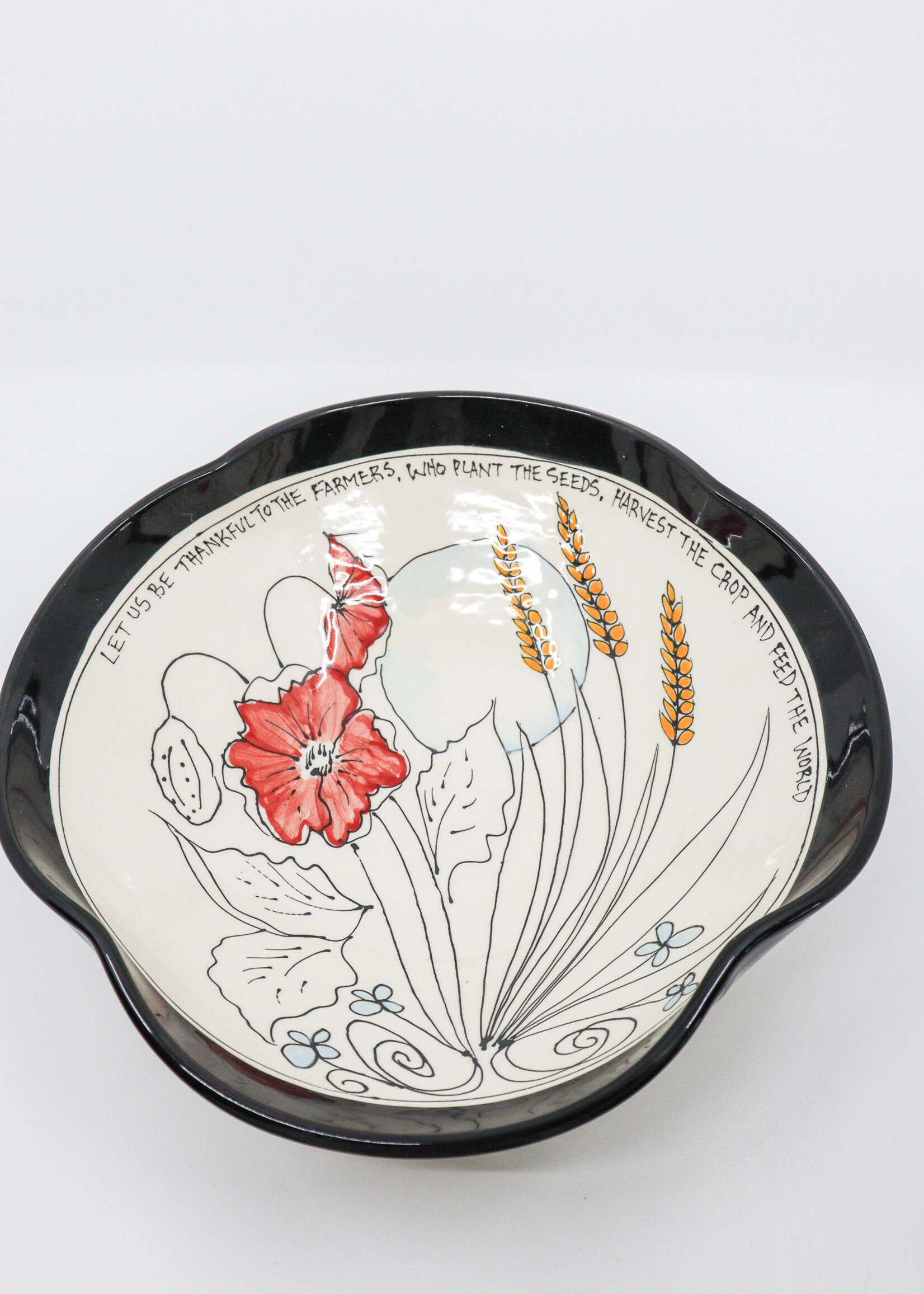 CERAMICS - 10" Bowl, Poppies and Wheat, "Let Us Be Thankful to the Farmers, Who Plant the Seeds, Harvest the Crops and Feed the World"