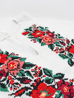 APPAREL - (W) White Linen  Blouse, ( 3XL),  Cross Stitch Floral Embroidery in Red, Black, Green