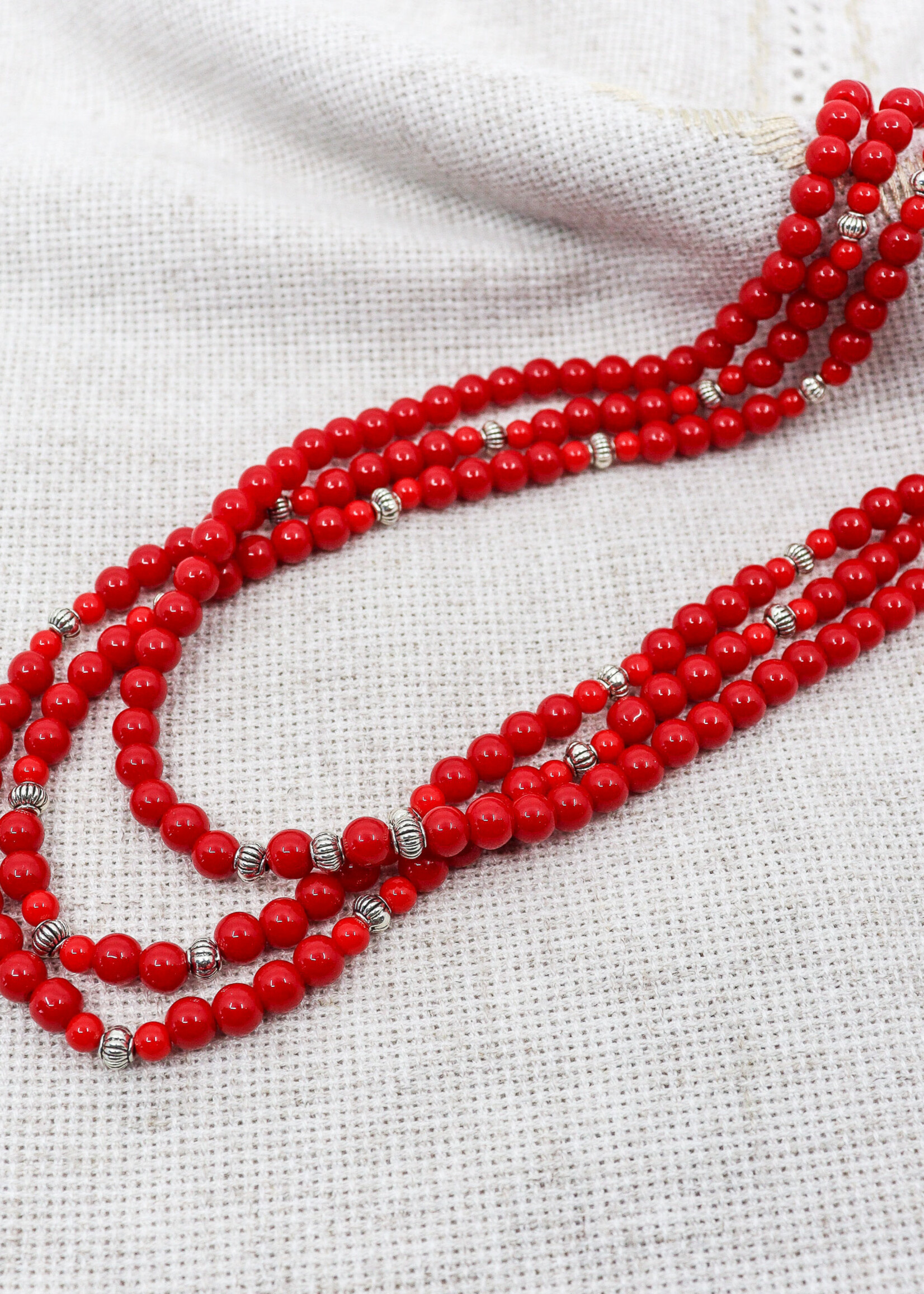 ACCESSORIES -  Necklace, Red stone  Beads and Silver Spacers / Multiple strand / Silver Lock