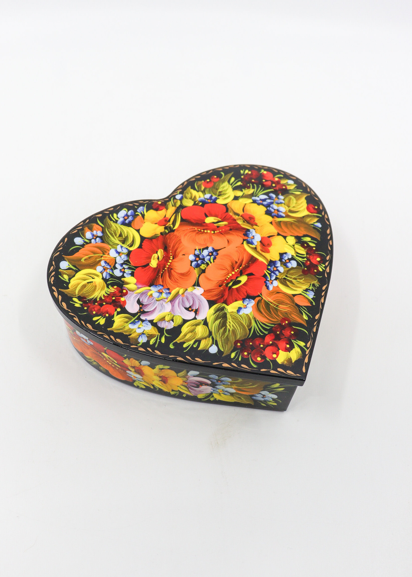 HOME -Box, Ukrainian Trinket jewelry box in shape of Heart, Hand Painted Lacquer,  Unique Petrykivka gift box