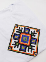 APPAREL - White T-Shirt (W), with a diamond shaped colorful embroidery