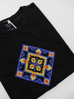 APPAREL - Black T-Shirt (W), with a diamond shaped colorful embroidery