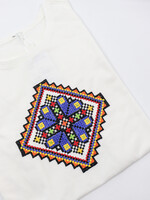 APPAREL - Light Cream T-Shirt (W), with a   diamond shaped colorful  embroidery