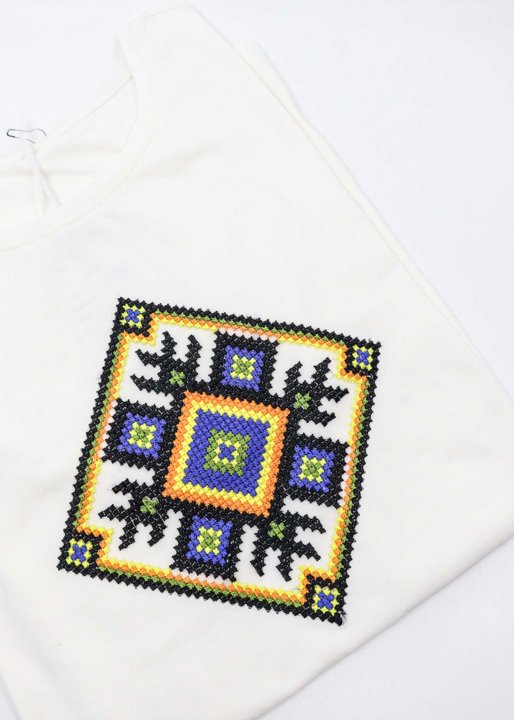 APPAREL - Light Cream T-Shirt (W), with a   diamond shaped colorful  embroidery
