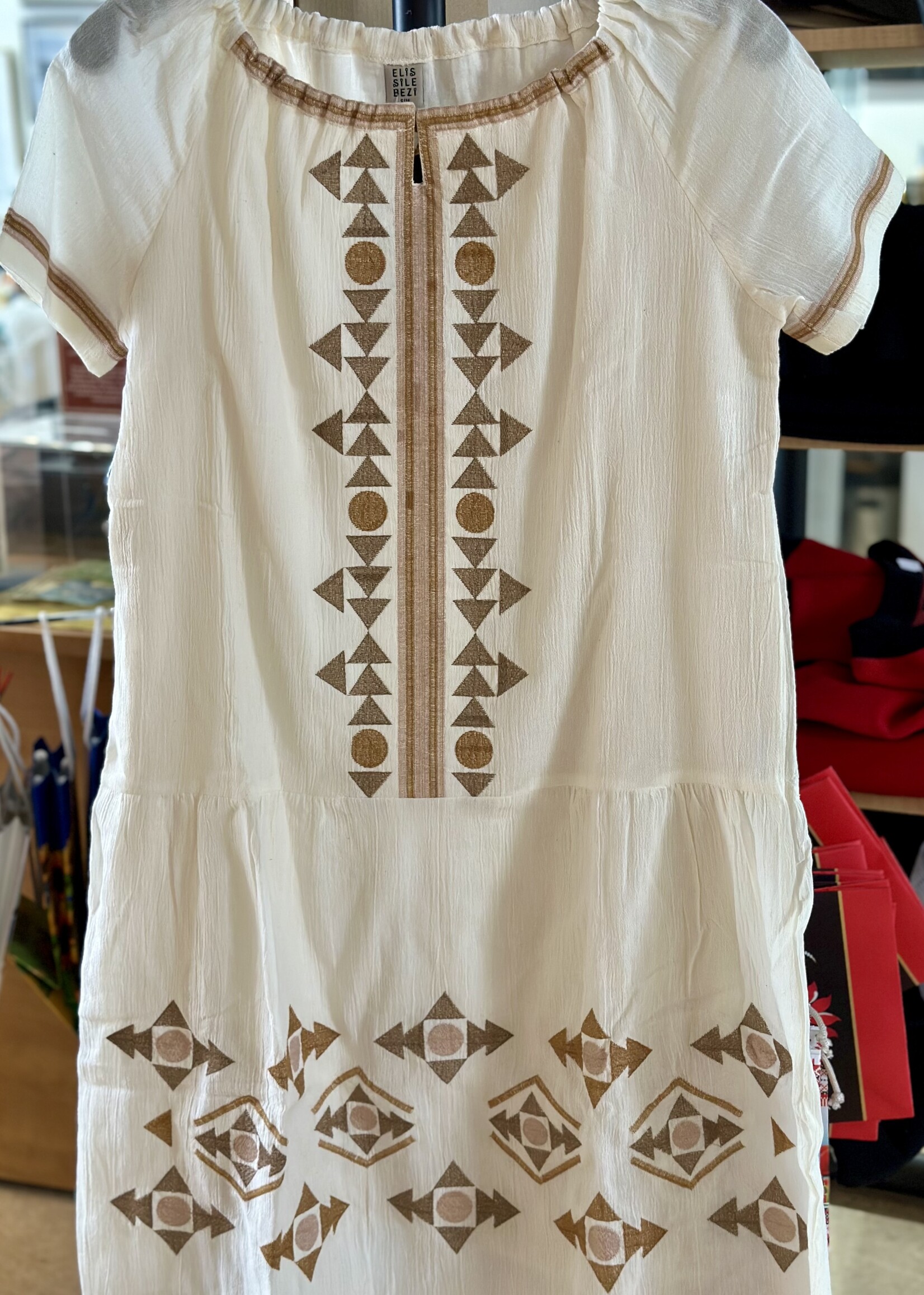 APPAREL - (W)  Dress, size S/M, ( 2024) short sleeves, geometrics pattern in gold & brown by Dressa, Ukraine