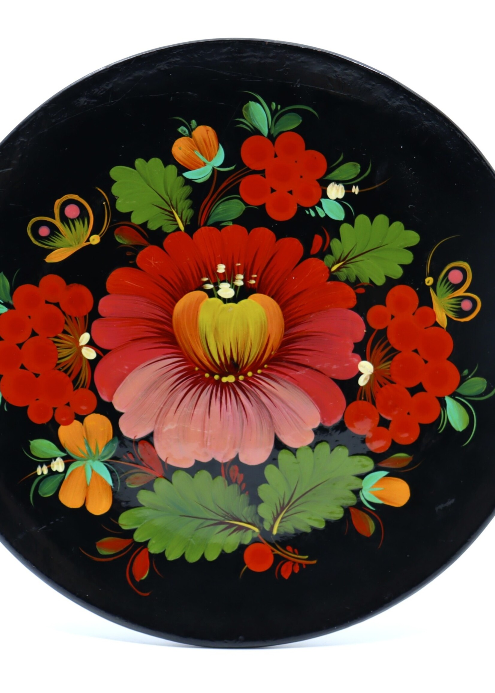 HOME - Plate, Folk Art, Lacquered Petrykivka painting on Black