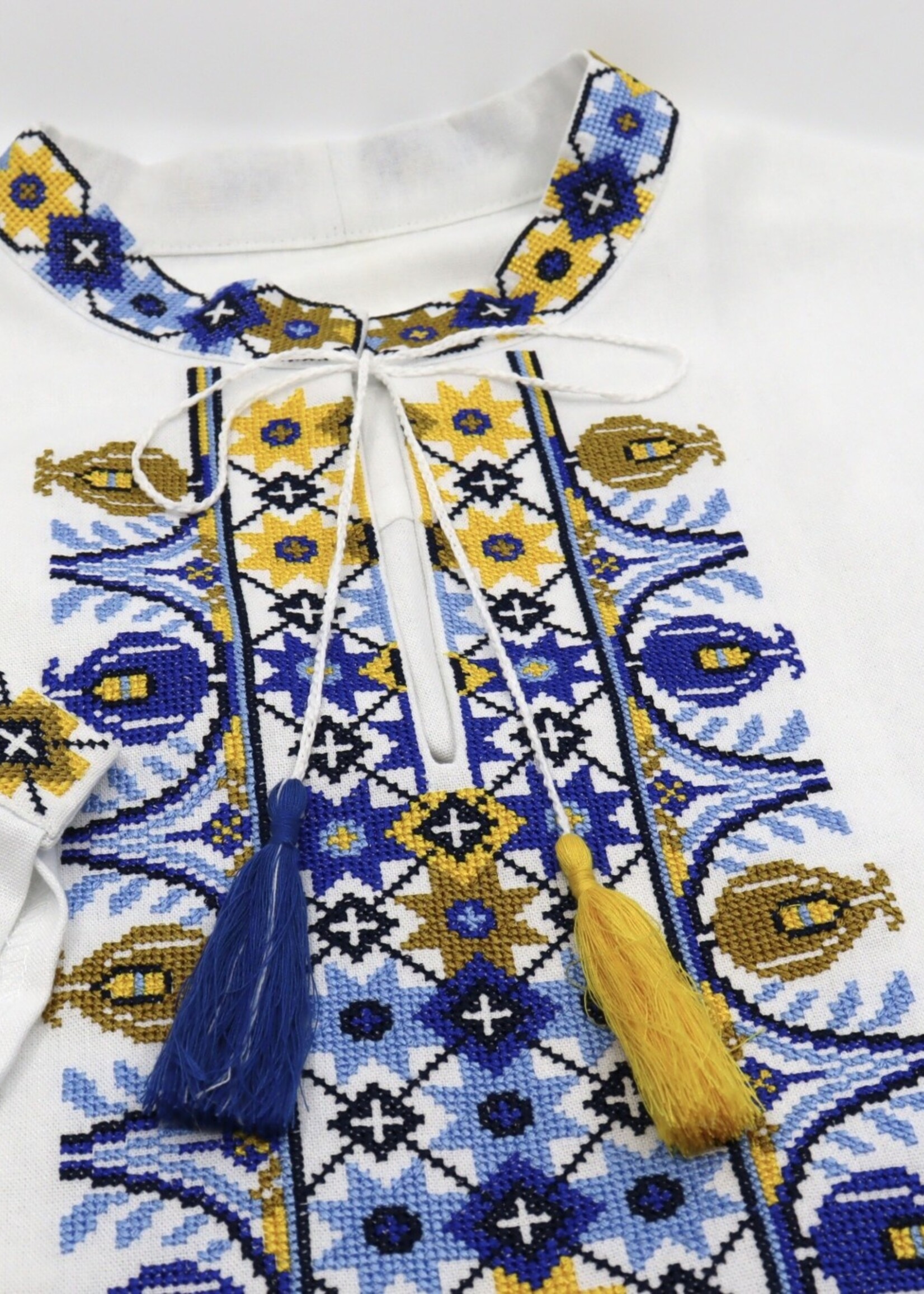 APPERAL - (M) White   Linen Vyshyvanka, size XL,  Embroidered in Yellow and Blue colors/Chest 50", Sleeve 26", Length 33"