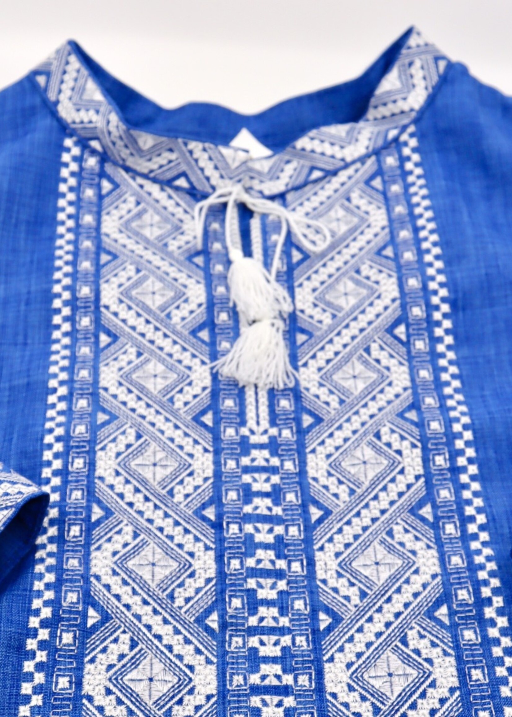 APPAREL - Men's L Vyshyvanka  Blue with White  geometrics Embroider, short sleeve