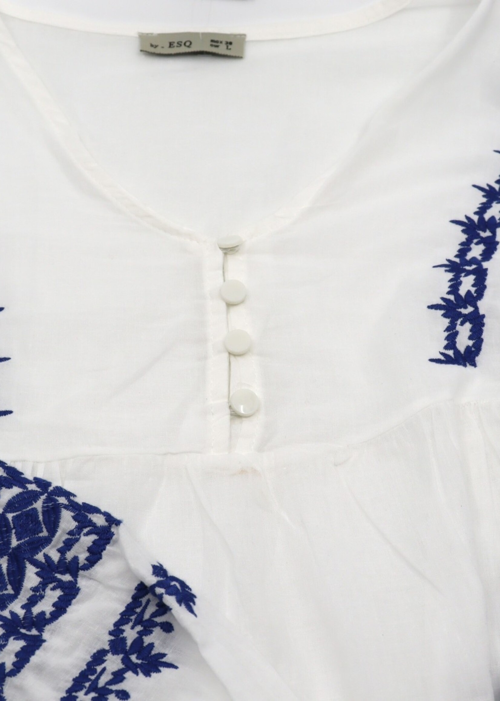APPAREL - (W) Blouse, 40" - Large,  2024, White / Blue embroidery , buttons half way down