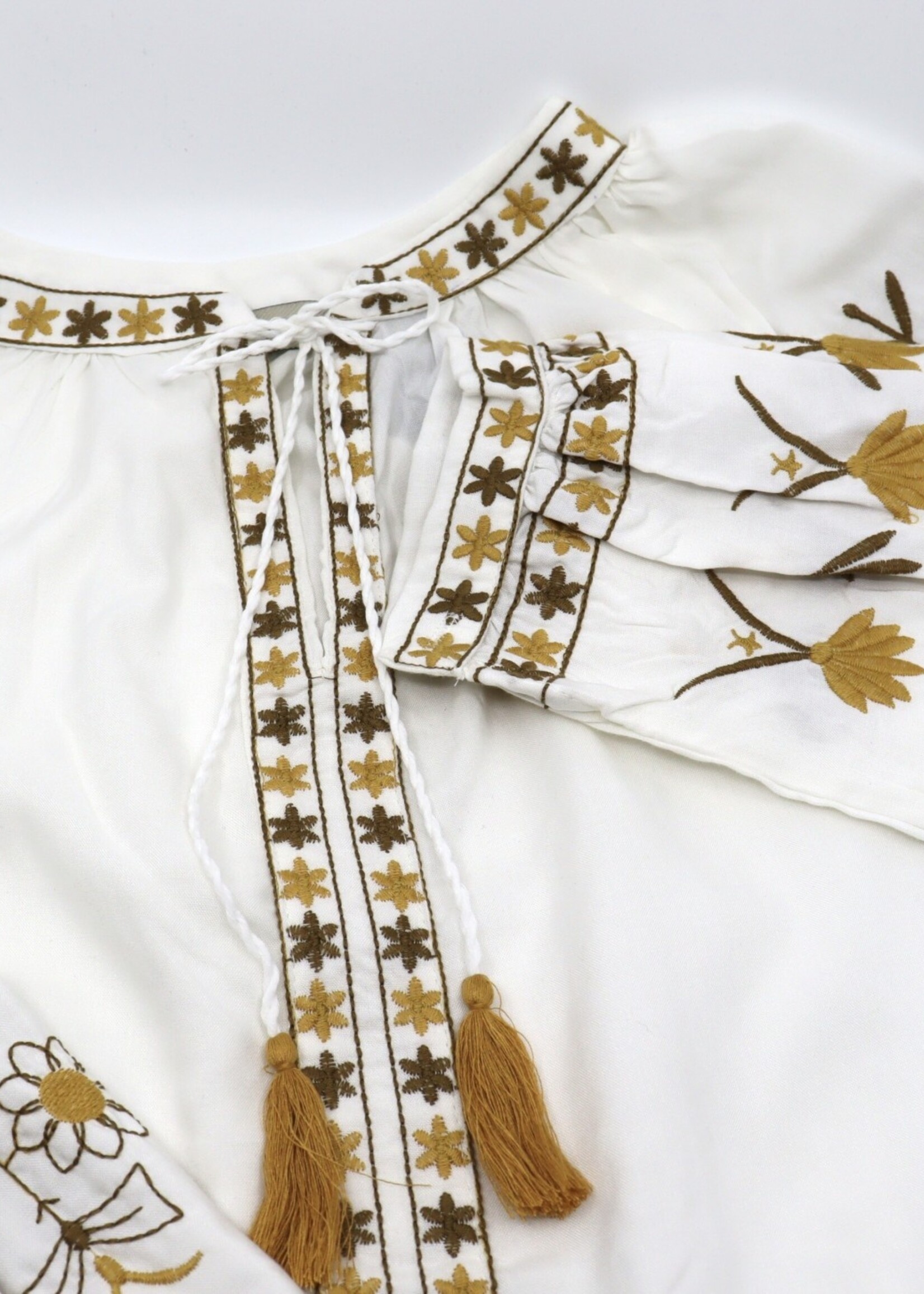 APPAREL - (W) Blouse,  2024, Cream / Orange, Gold  flowers embroidery,