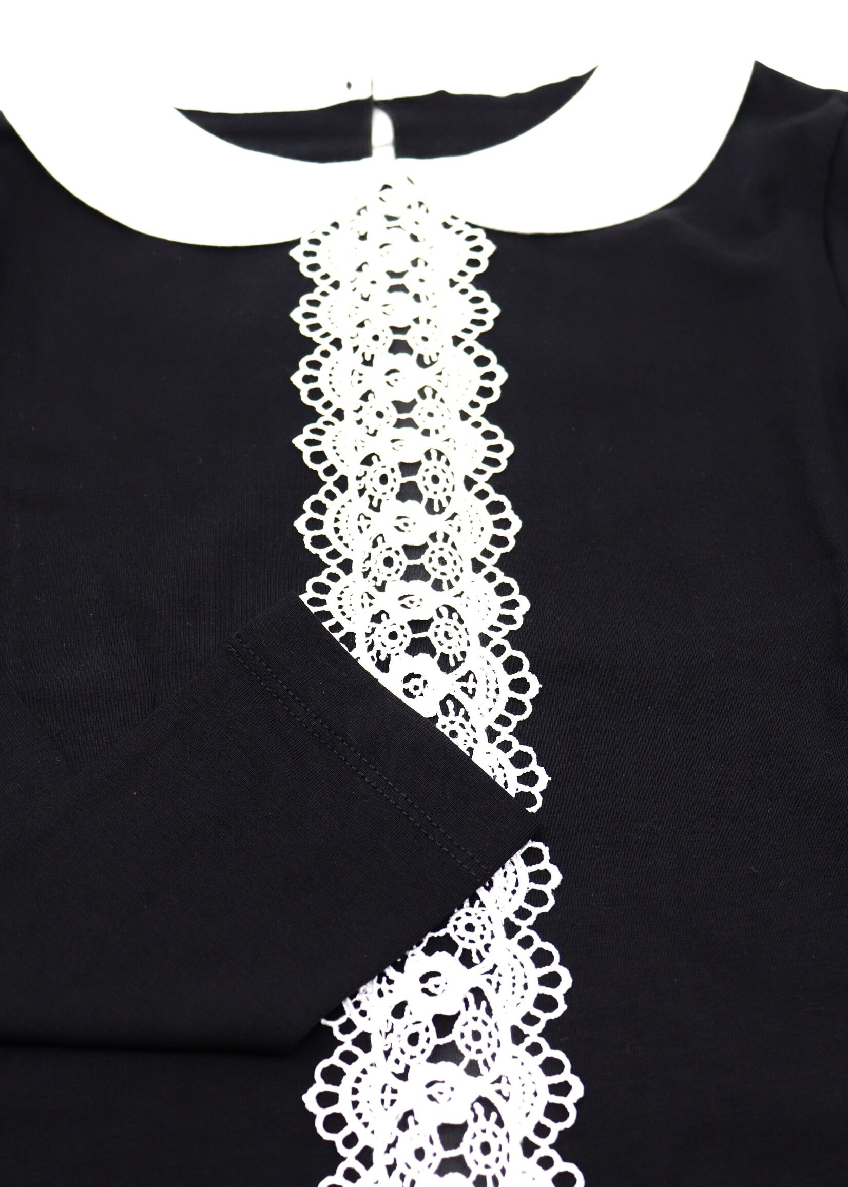 KIDS - Girl's Black T-shirt, White Lace,  long- sleeve