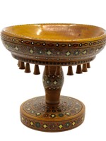 DECOR - Bowl on Pedestal, Handmade Carved, Inlayed, Ukrainian Hutsul with Bells