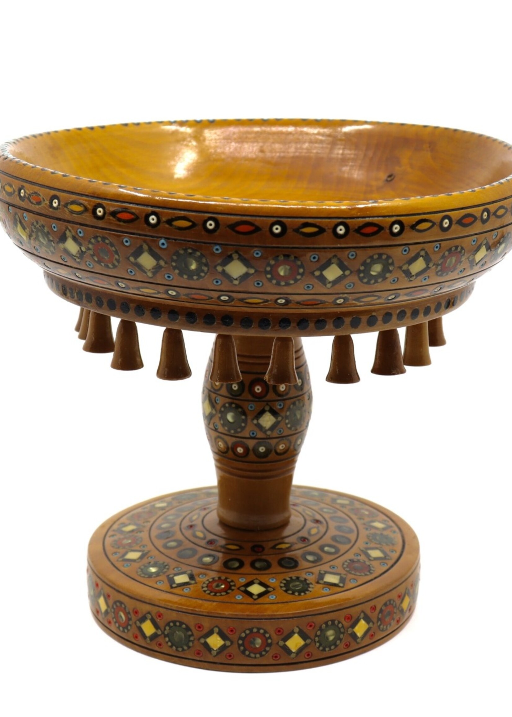 DECOR - Bowl on Pedestal, Handmade Carved, Inlayed, Ukrainian Hutsul with Bells