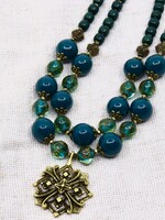 JEWELRY -  Ethnic  Necklace " Misterious Bloom" in two line of Green  Murano Glass  beads with Brass pendant, Handcraft by Oksana Boriychuk