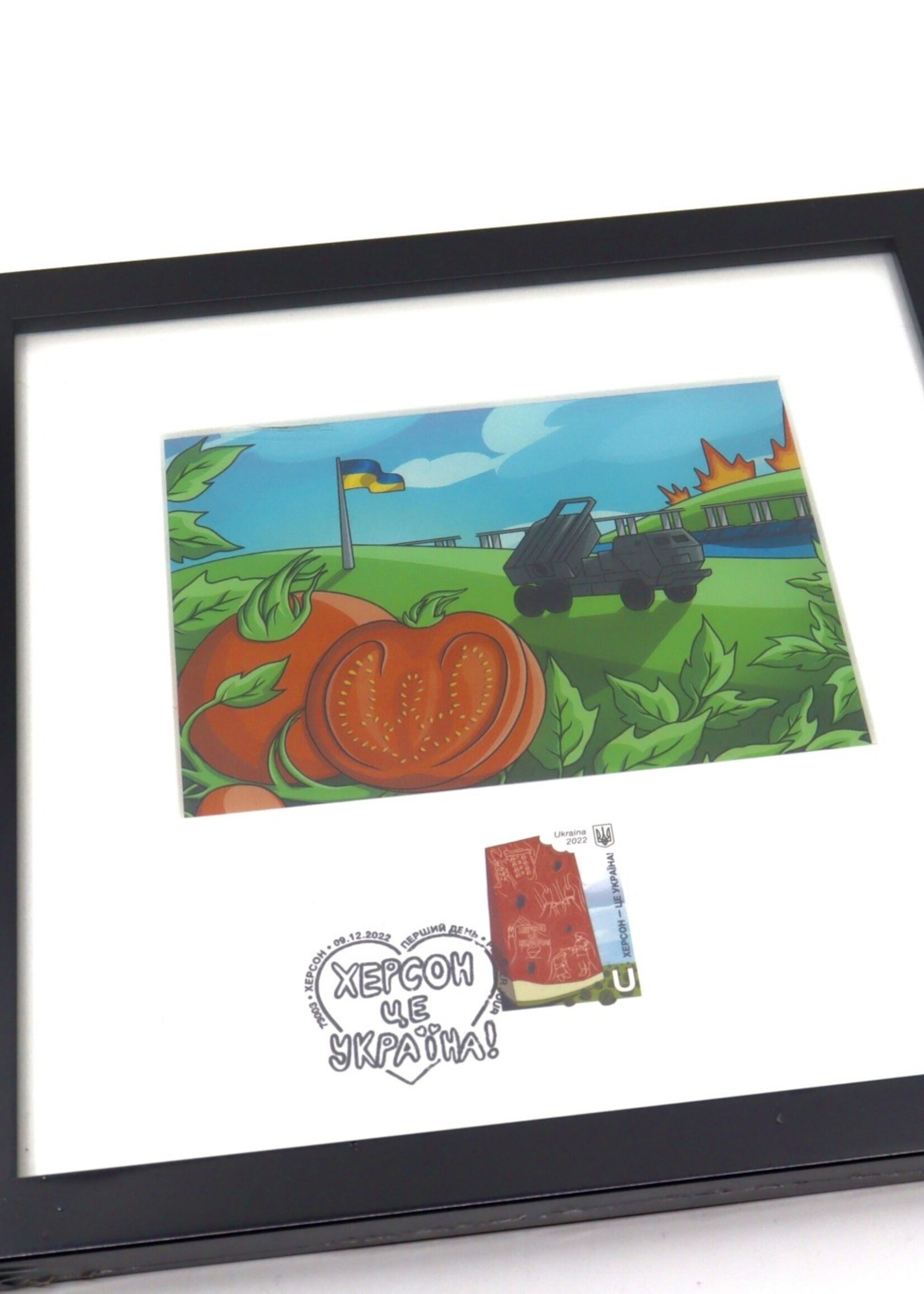 STAMP - "Kherson is Ukraine!",  Set of framed collection postage  stamp and post card 1-st Day (Premier Jour) issued on the day of the Liberation of the city 9.12.2022. Kherson has a status of a hero city since.. Author Andriy Sagach