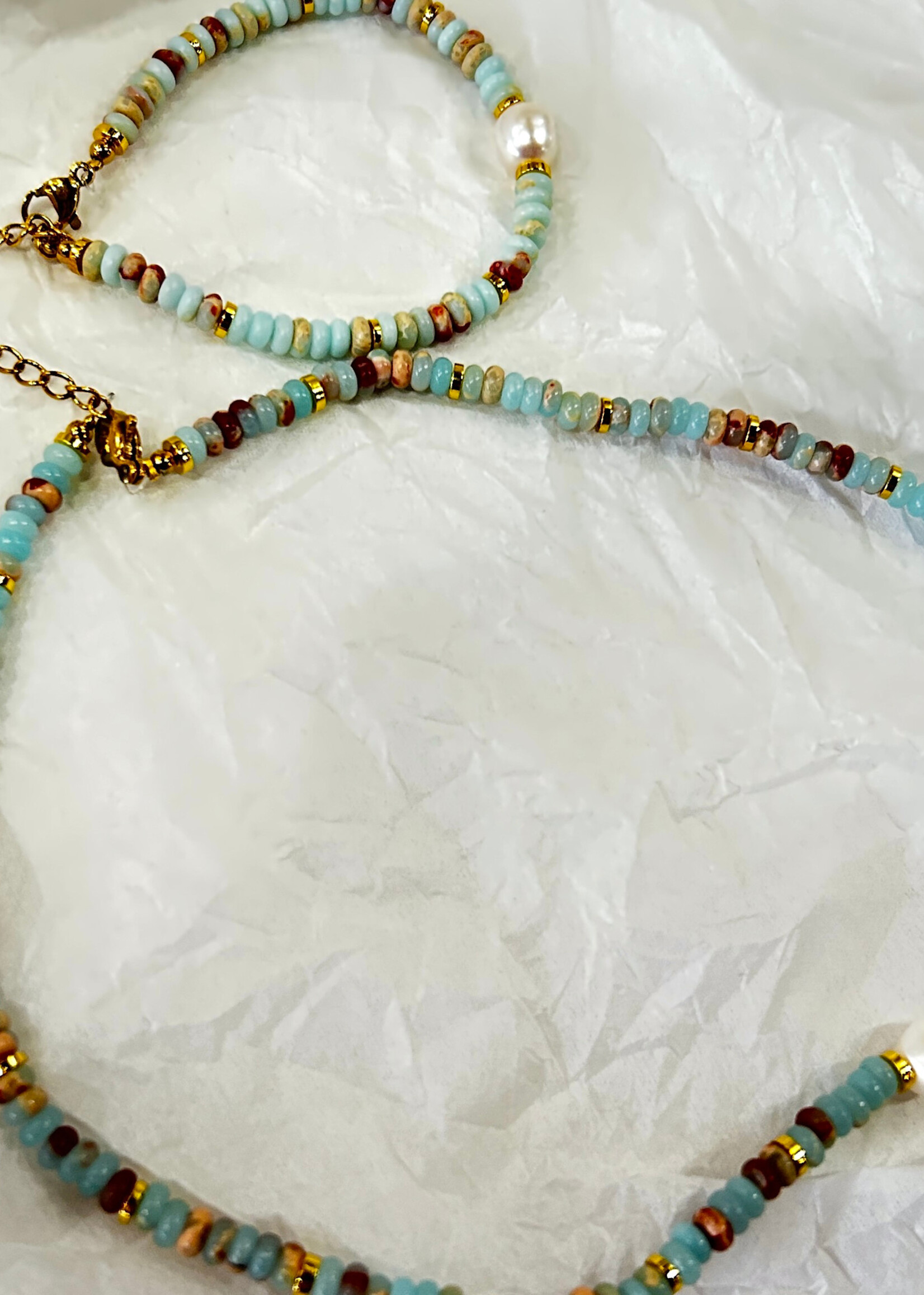 ACCESSORIES - Set of 2 Necklace & Bracelet  for Girl, Vibrant Blue Opal with  freshwaterPearl,  16"