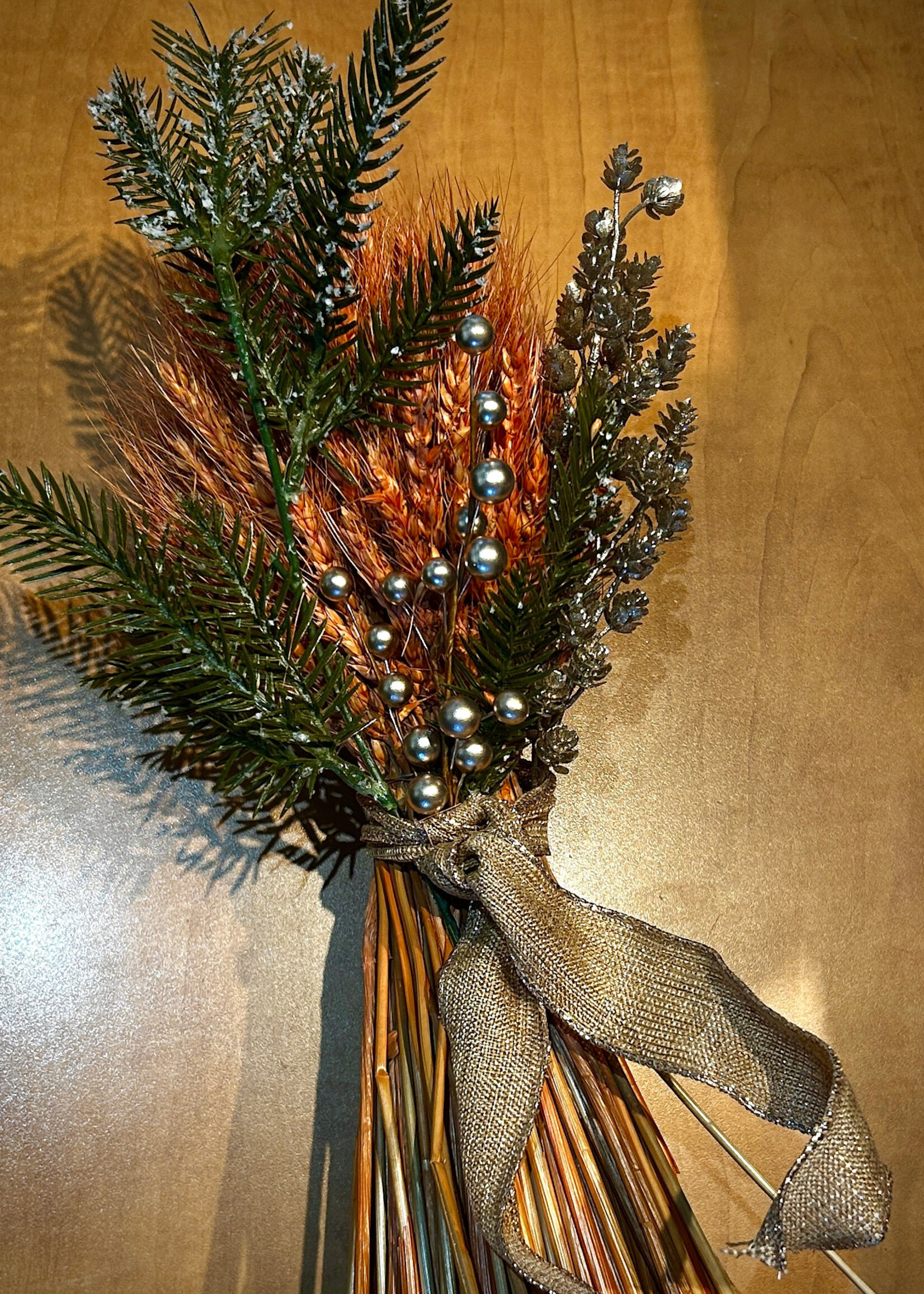 DECOR - Ukrainian Didukh  Dried  Wheat Bouquet festively adorned with gold & sage grey ribbon and gold berries